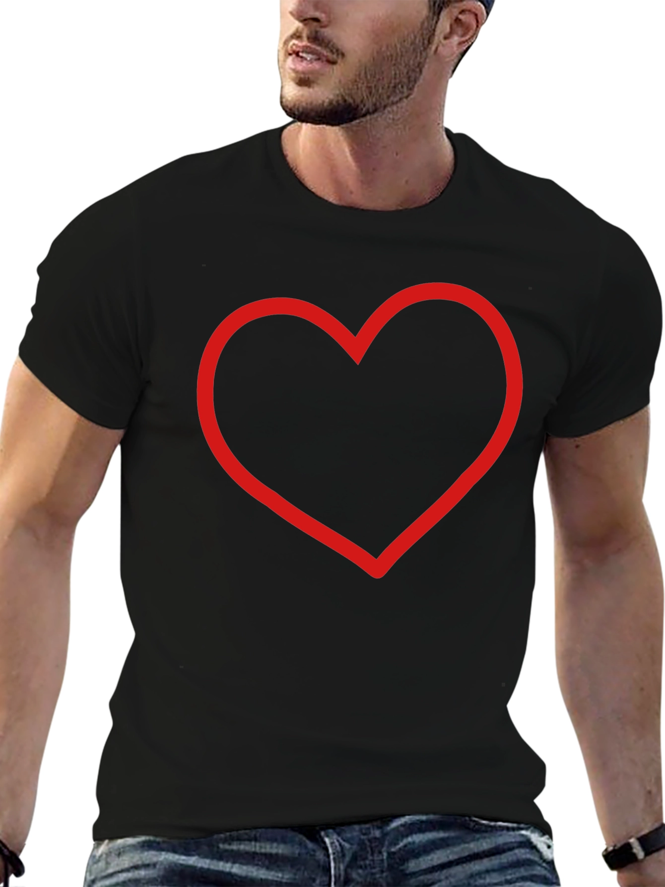 Black Red Heart Outline Black T-Shirt - Stylish & Simple view 6