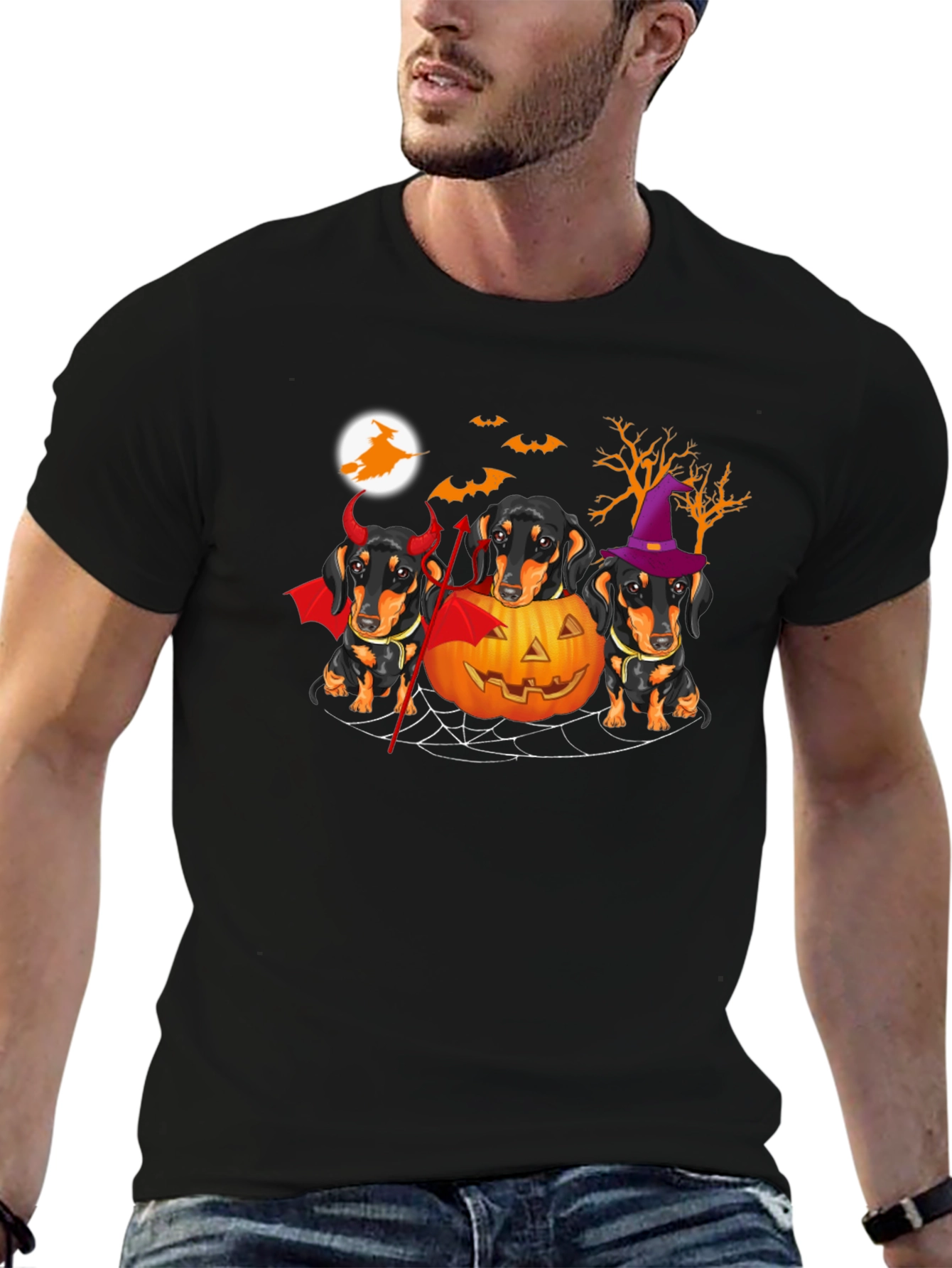 Black Halloween Dachshund T-Shirt view 6
