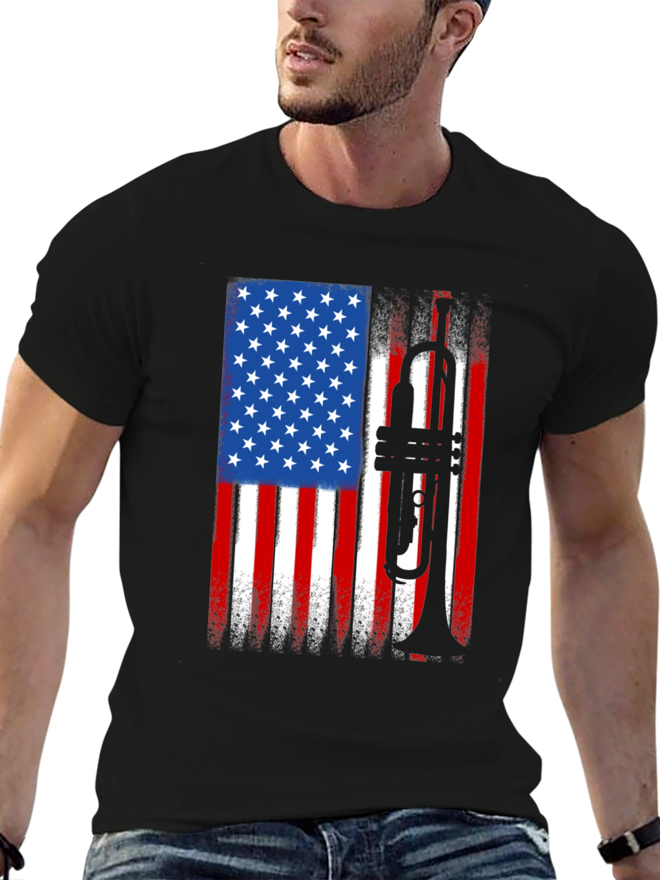 Black USA Flag Trumpet Graphic Tee - Patriotic Musician Shirt view 6