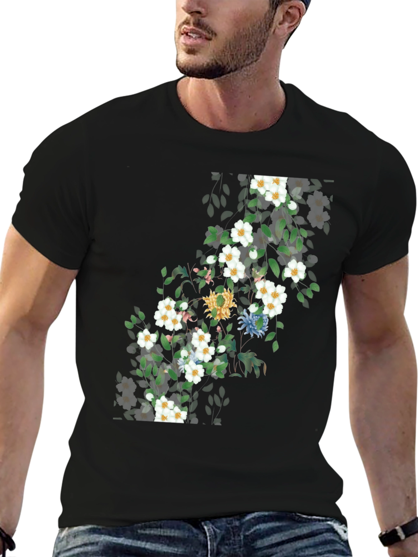 Black Floral Print T-Shirt - Nature Inspired Design view 6