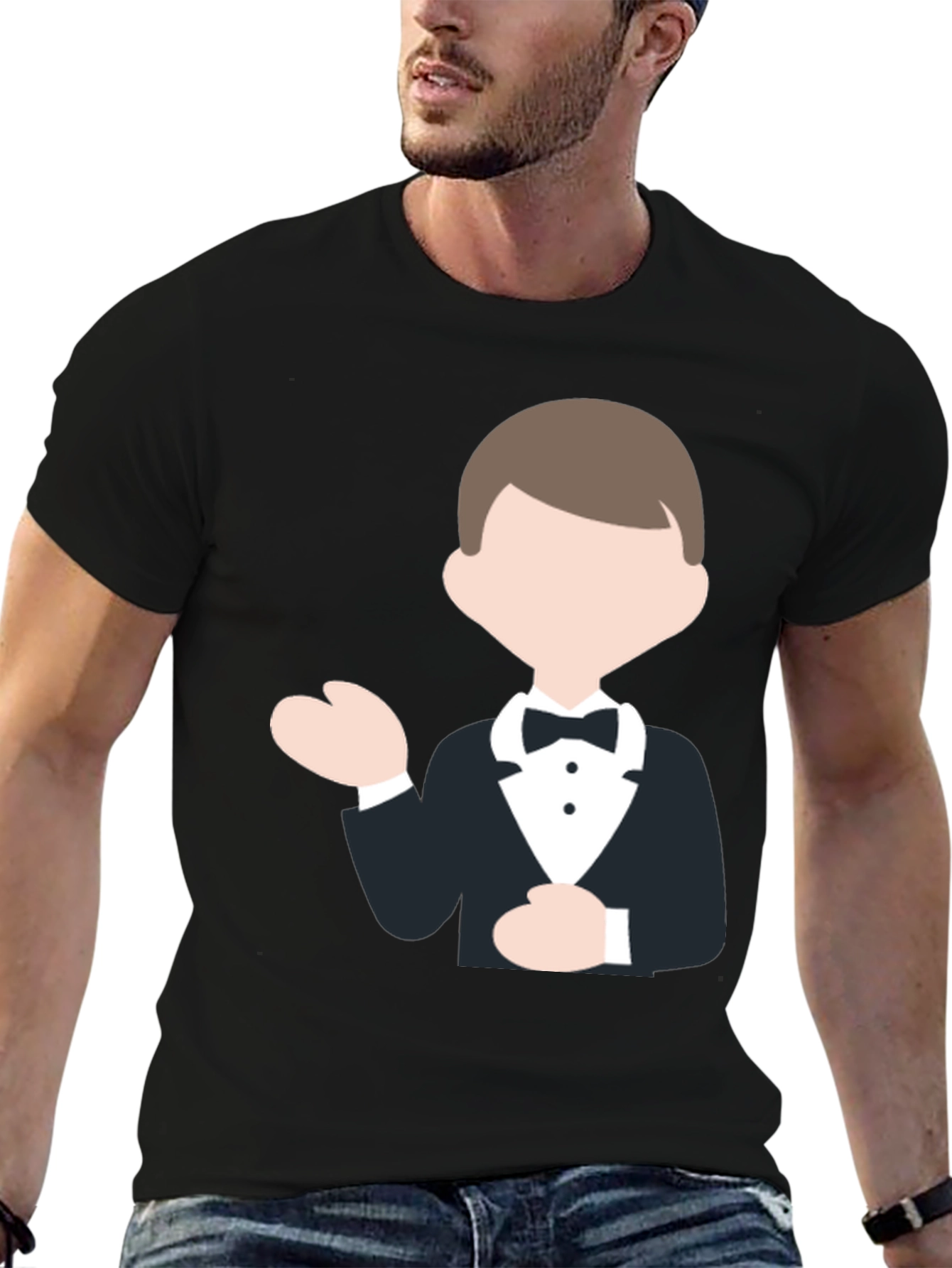 Black Tuxedo Cartoon Graphic Black T-Shirt view 6
