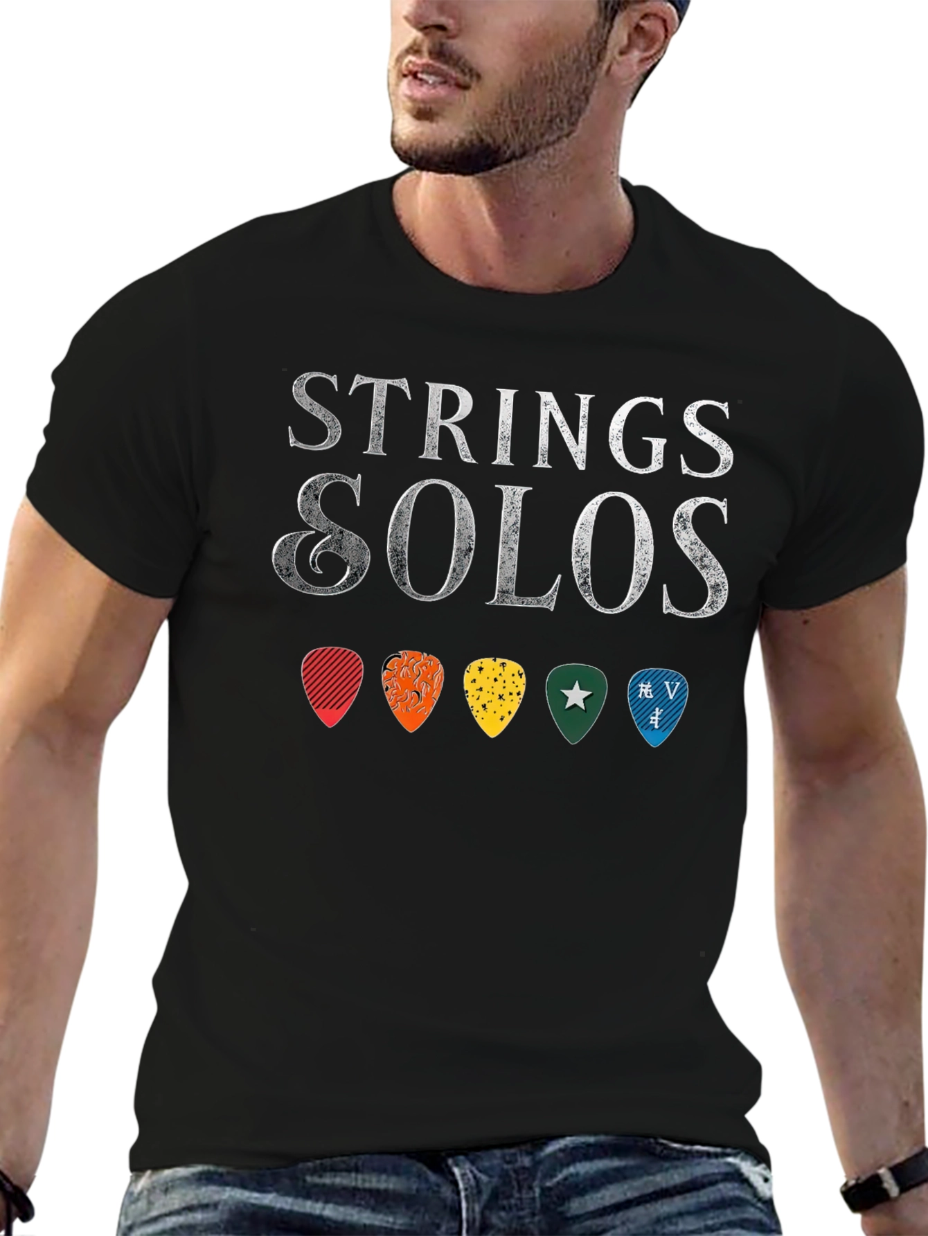 Black Strings & Solos Guitar Pick T-Shirt - Music Lover Tee view 6