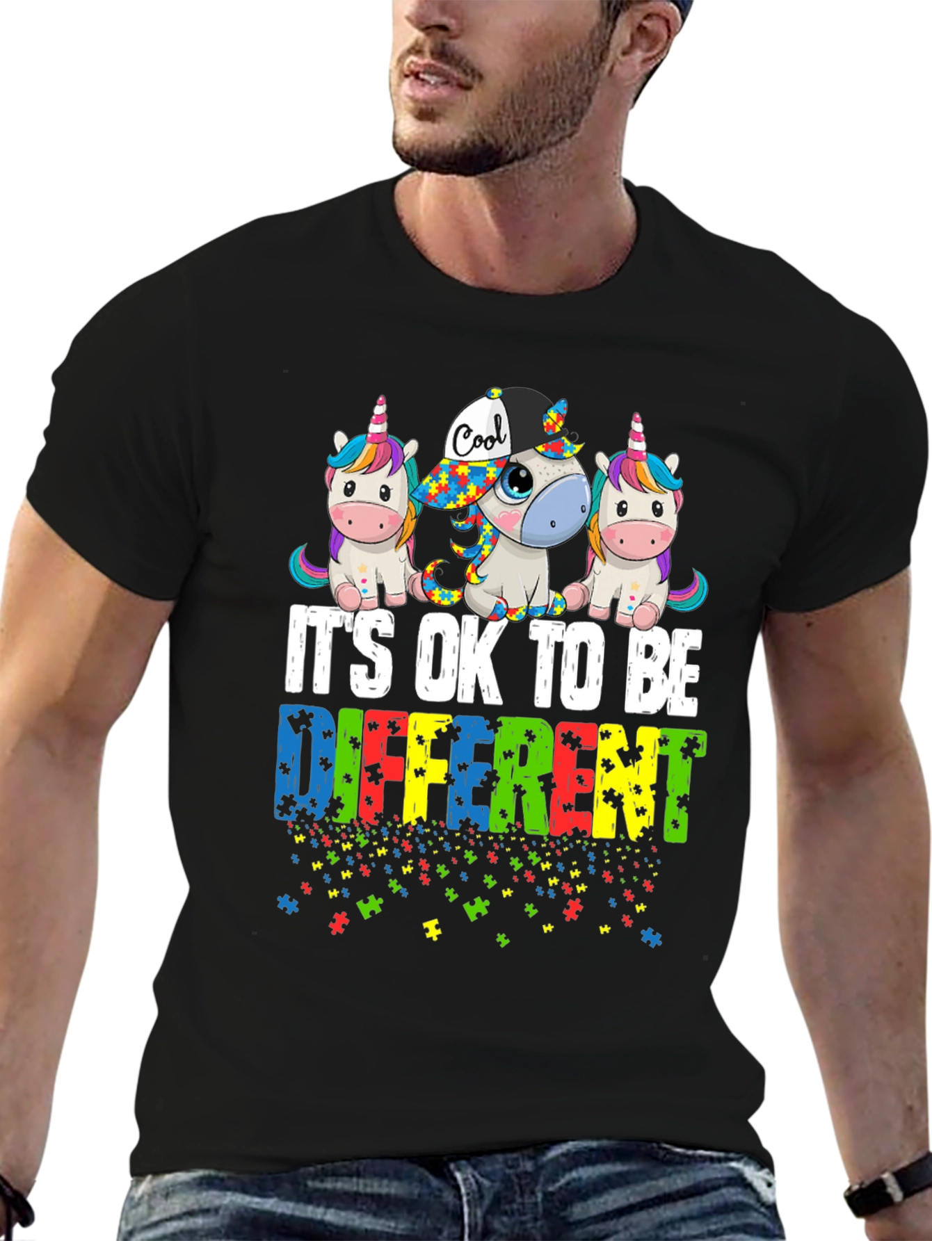 Black Autism Awareness Unicorn T-Shirt - It's OK To Be Different view 6