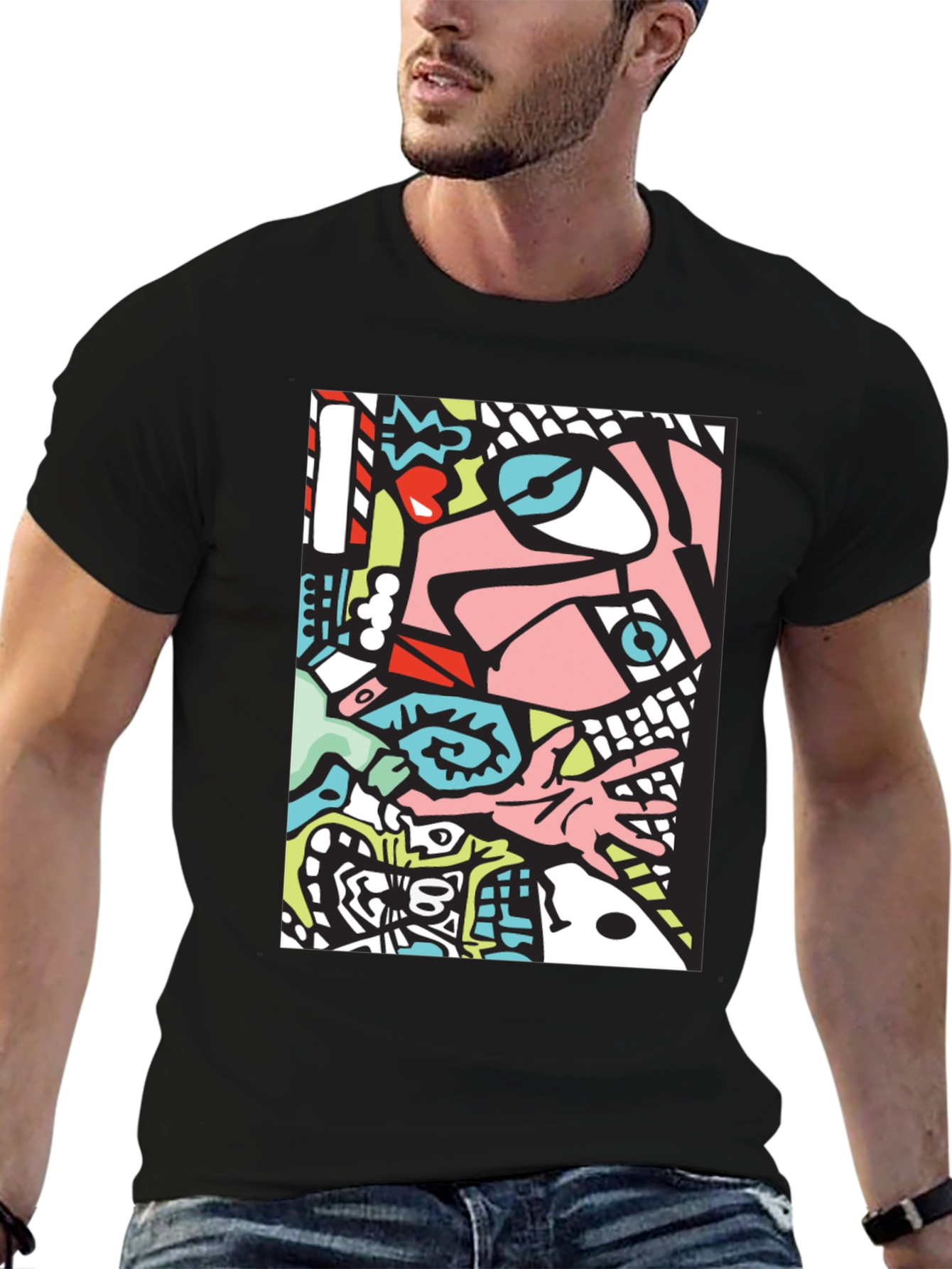 Black Abstract Graphic Print Black Crew Neck T-Shirt view 6