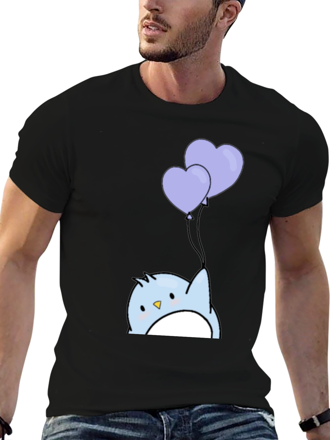 Black Cute Penguin Heart Balloons Graphic Tee - Black view 6