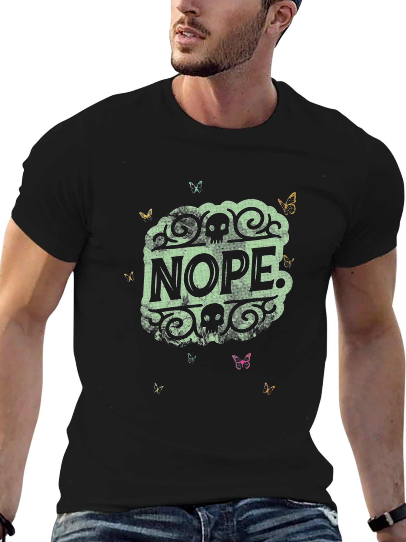 Black Nope Skull Butterfly Graphic Tee view 6