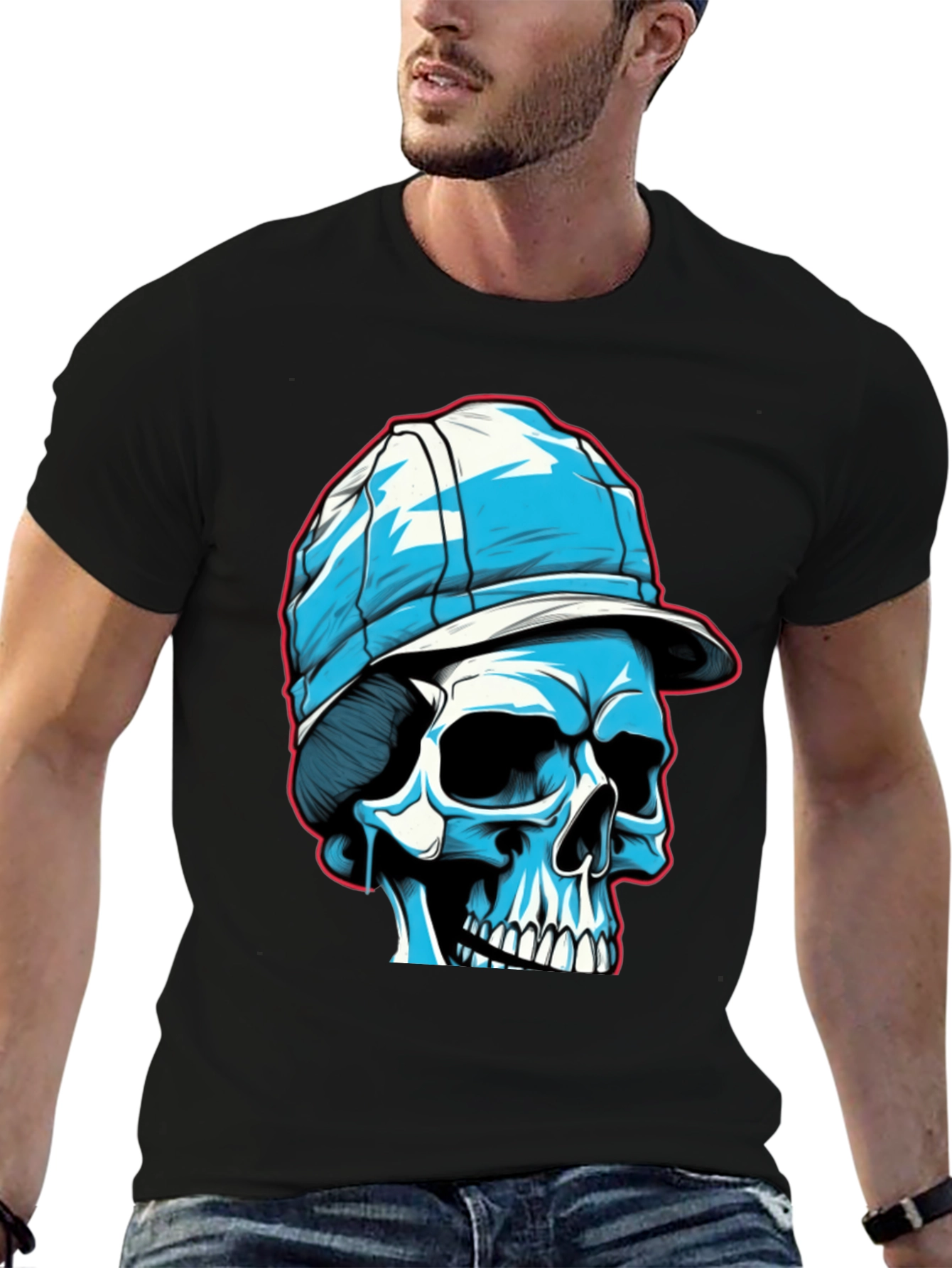 Black Skull in Cap Graphic Tee - Black Cotton Blend view 6