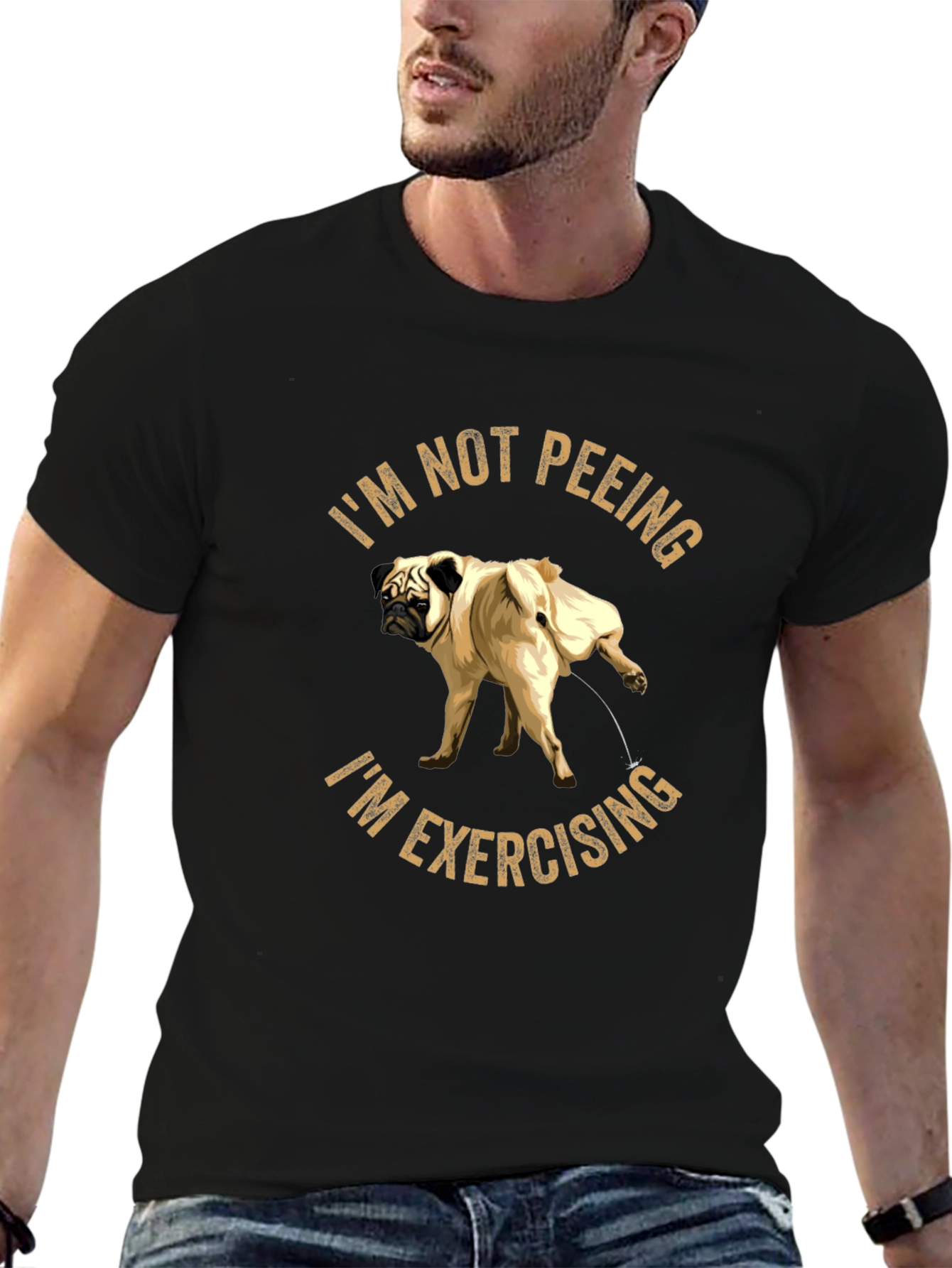 Black Funny Pug "Exercising" Black T-Shirt view 6