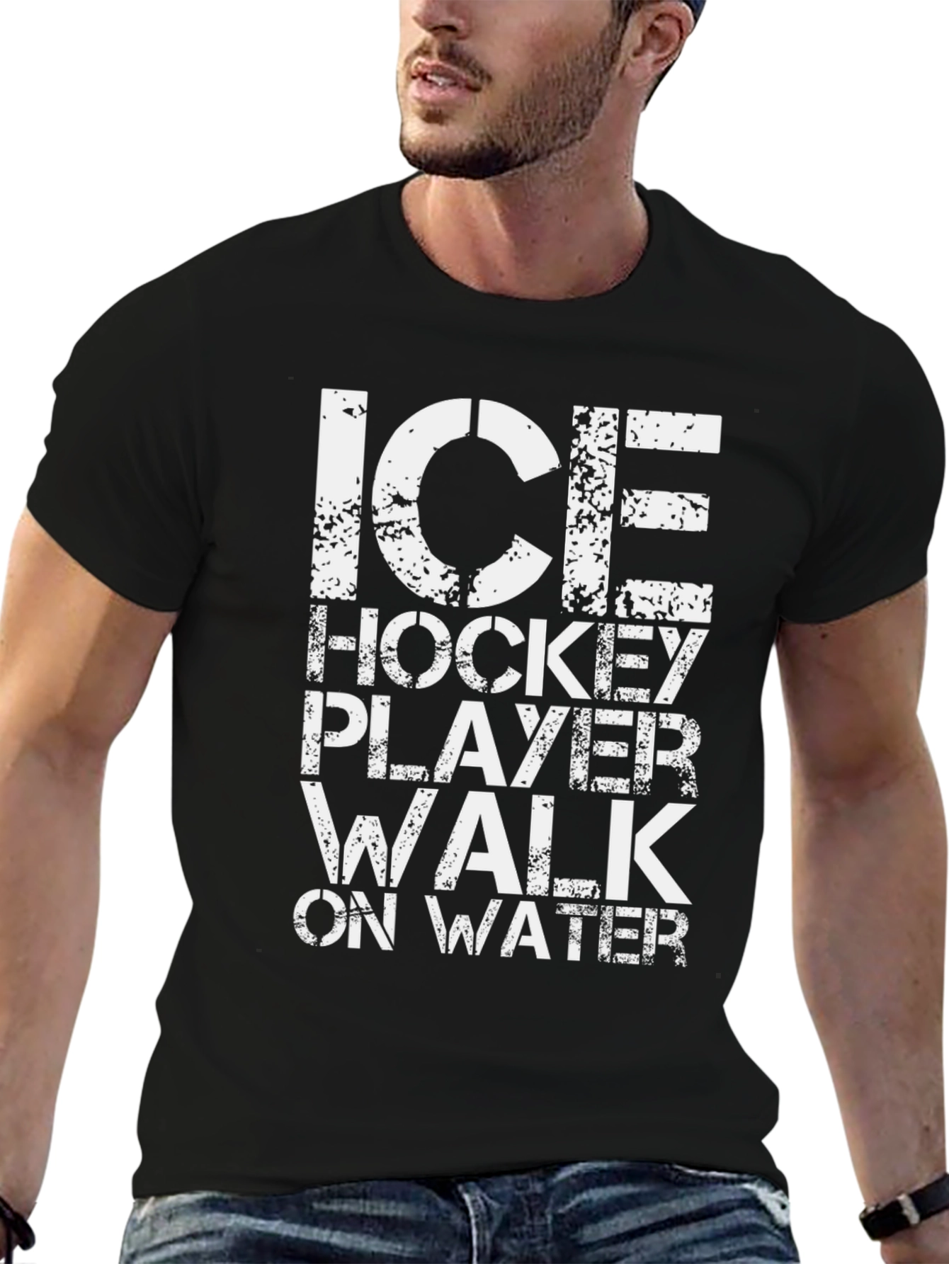 Black Ice Hockey Player Walk on Water Black T-Shirt view 6