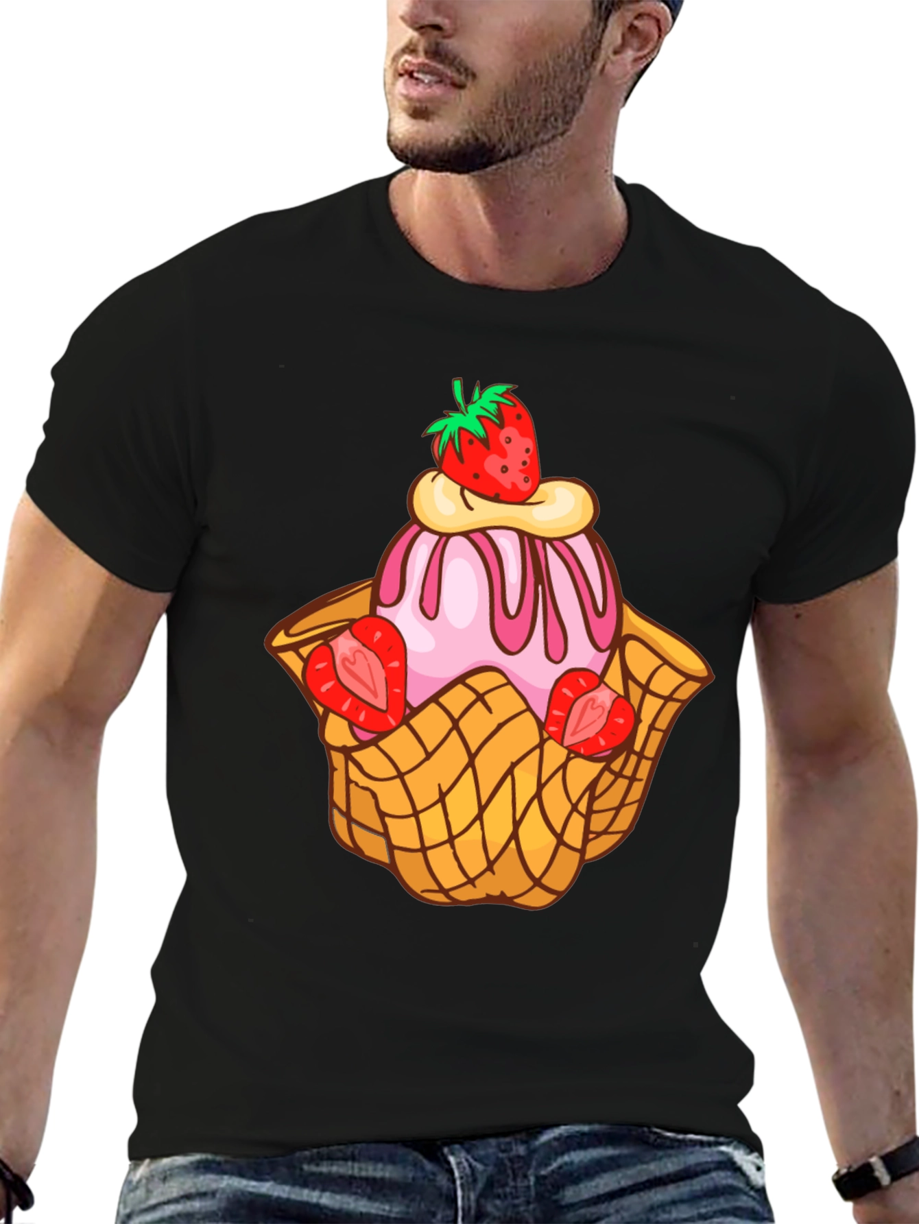 Black Strawberry Ice Cream Dessert T-Shirt view 6