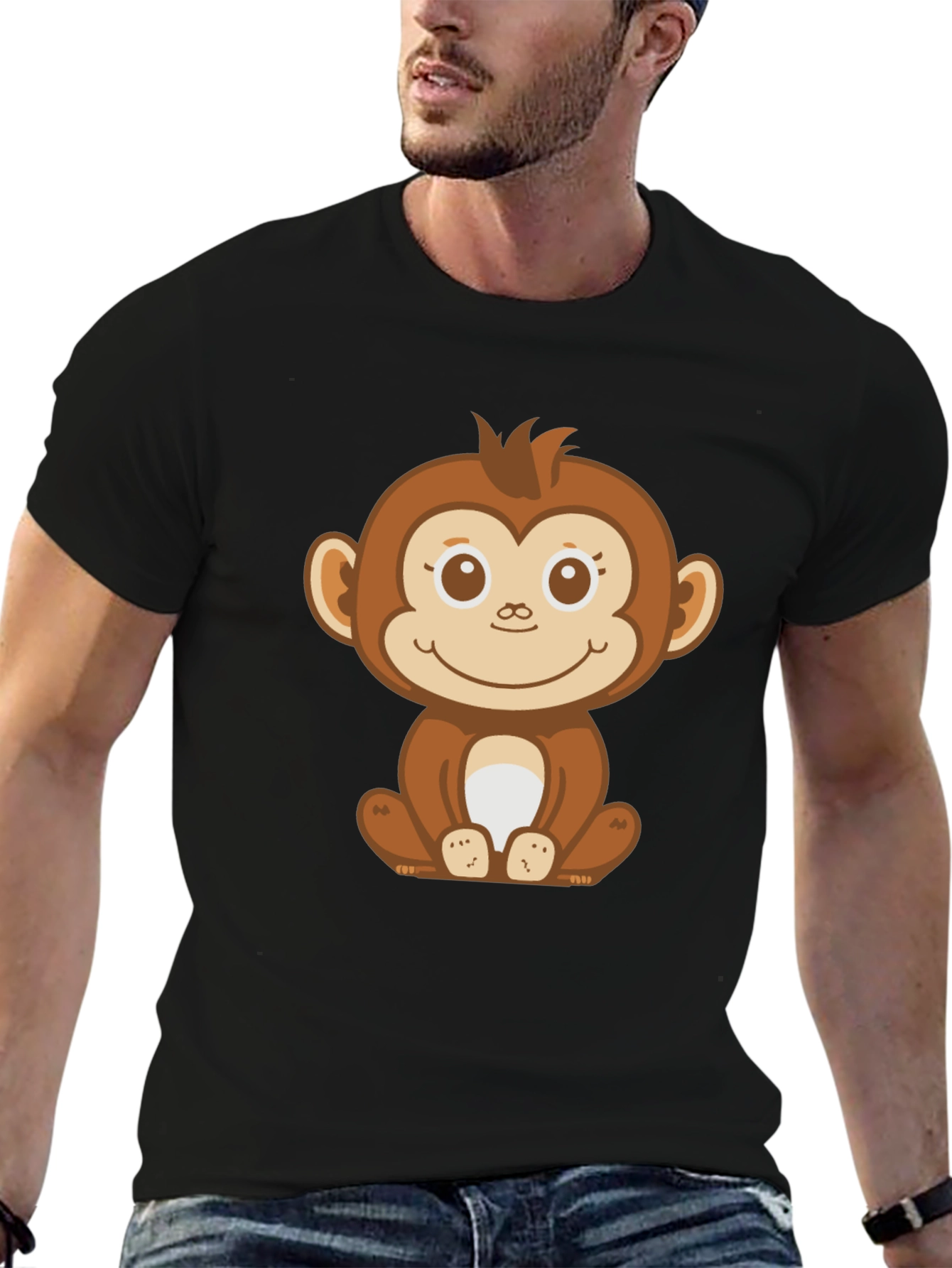 Black Cute Monkey Graphic Black T-Shirt view 6