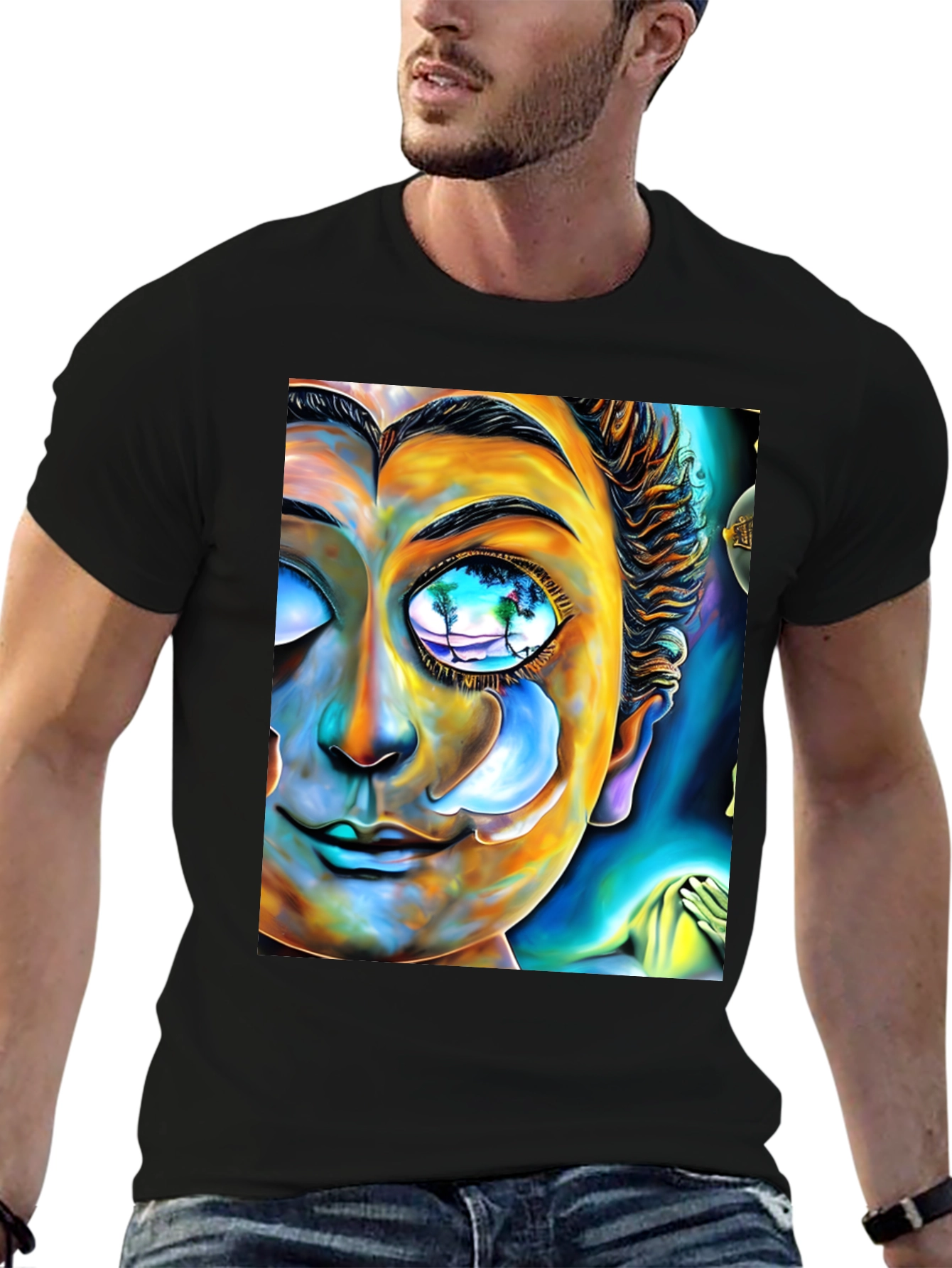 Black Abstract Buddha Face Graphic Tee - Unique Artistic Design view 6