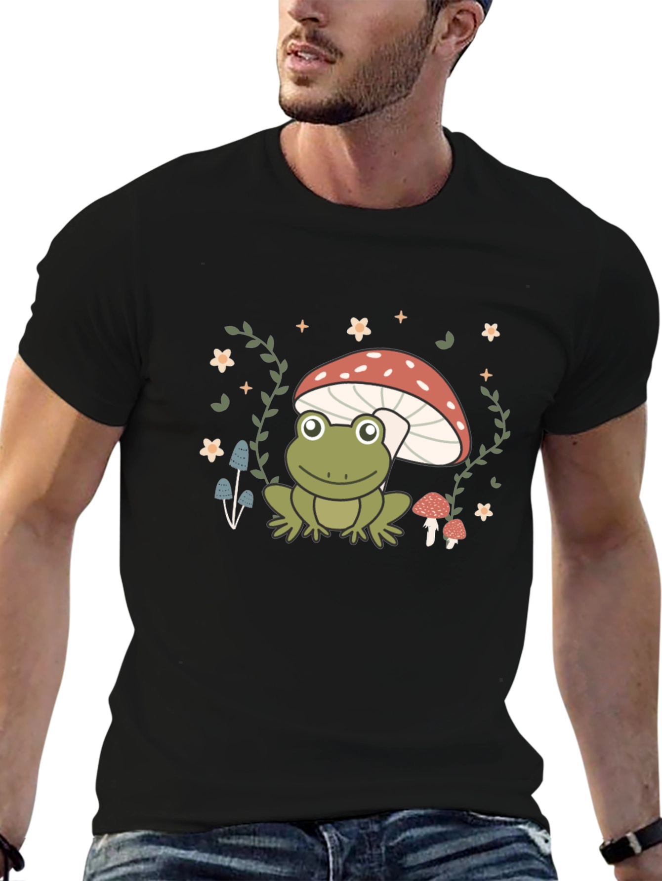 Black Frog on Mushroom Black Graphic Tee view 6