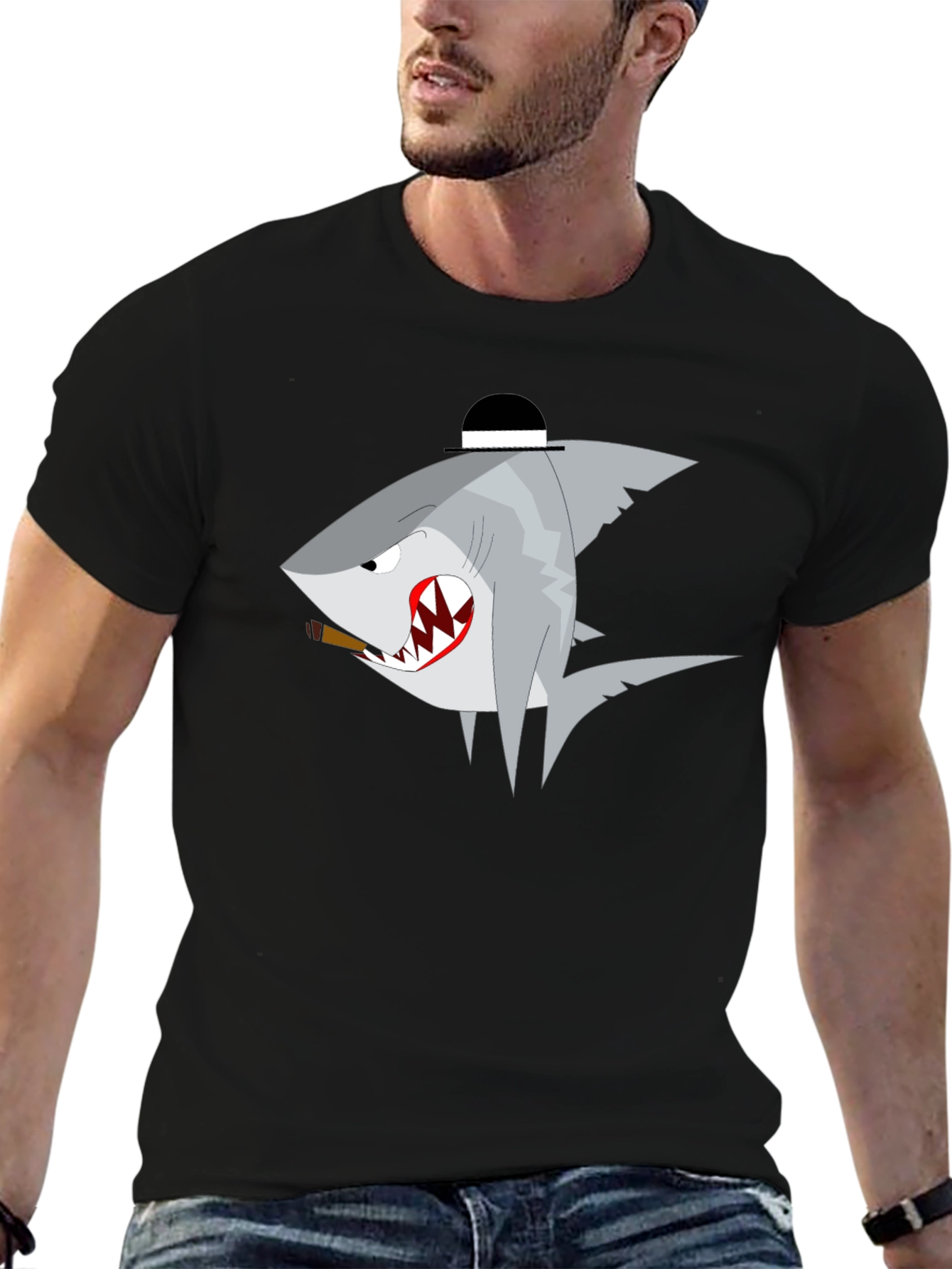 Black Shark with Hat Graphic T-Shirt - Novelty Tee view 6