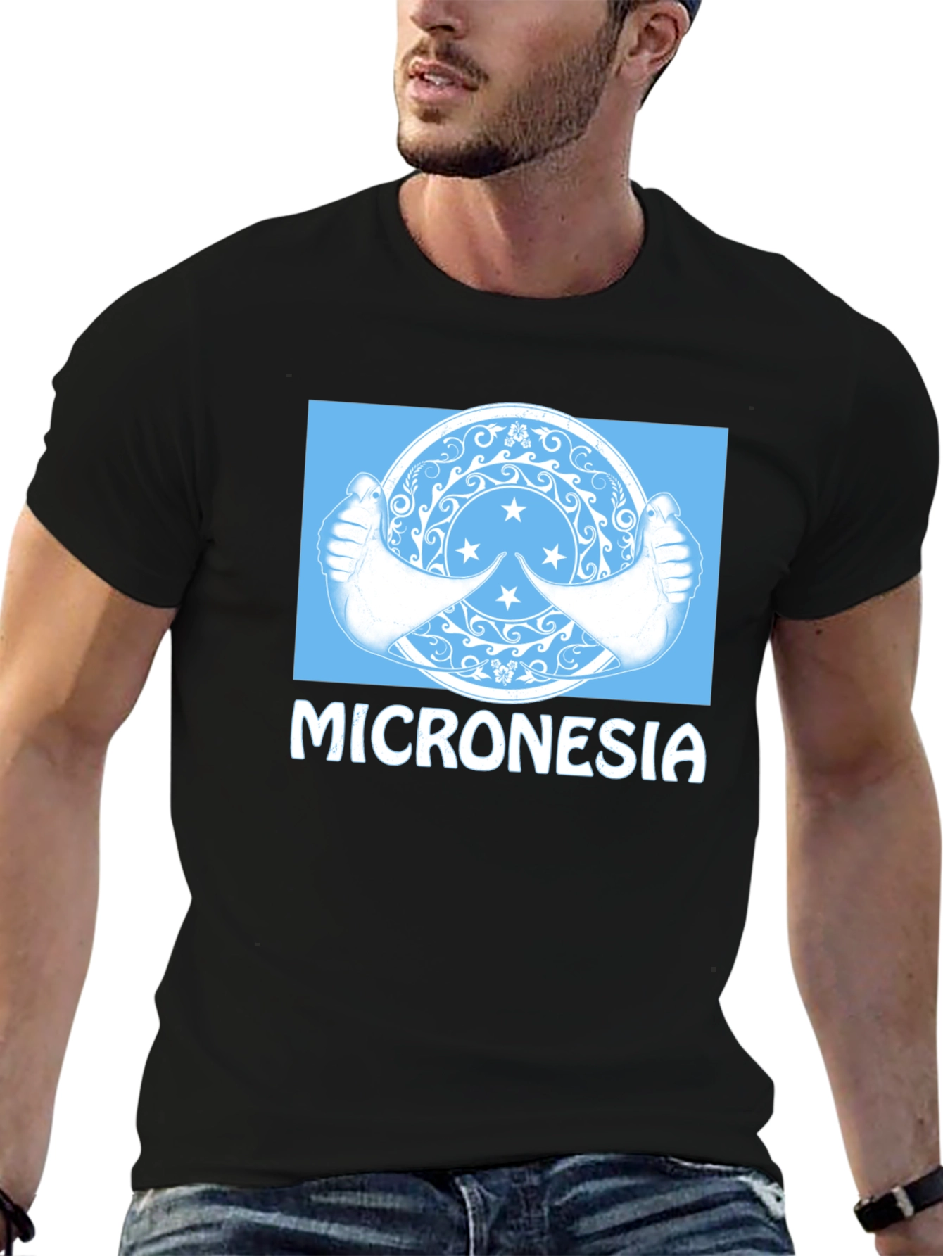 Black Micronesia Flag Graphic T-Shirt - Black Crew Neck Tee view 6