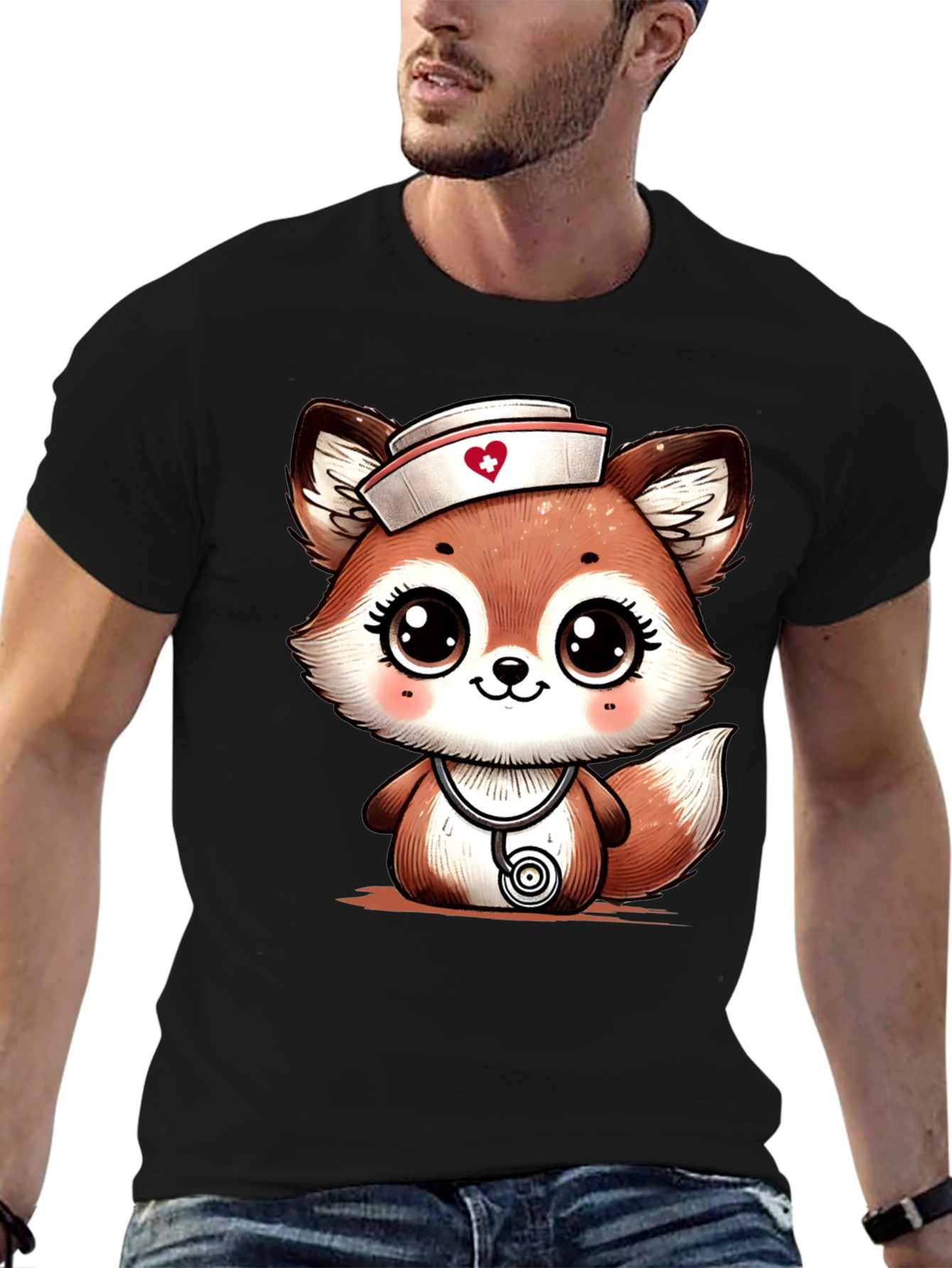 Black Cute Fox Nurse T-Shirt - Cartoon Animal Tee view 6