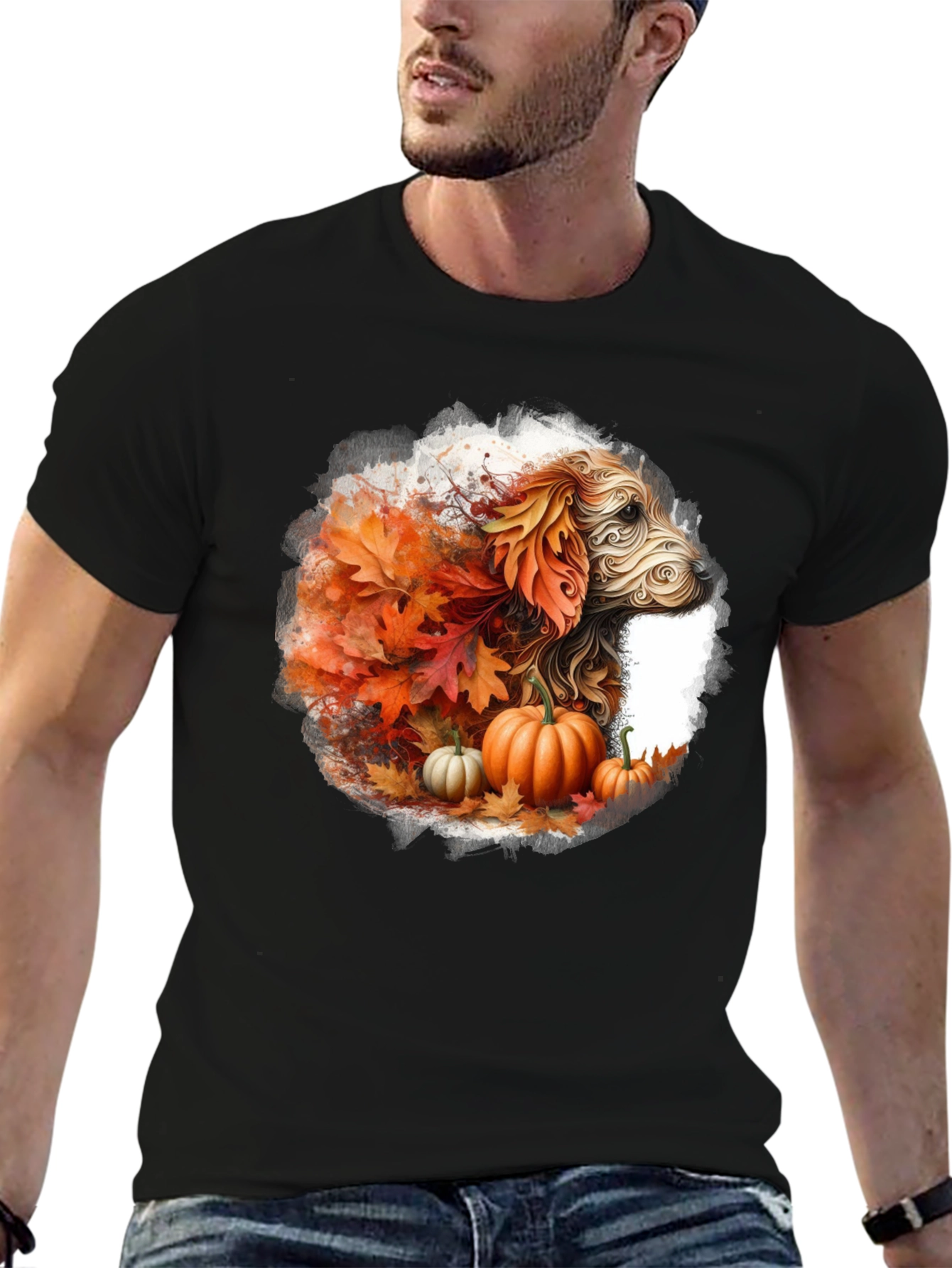 Black Fall Dog T-Shirt: Autumn Leaves & Pumpkin Design view 6