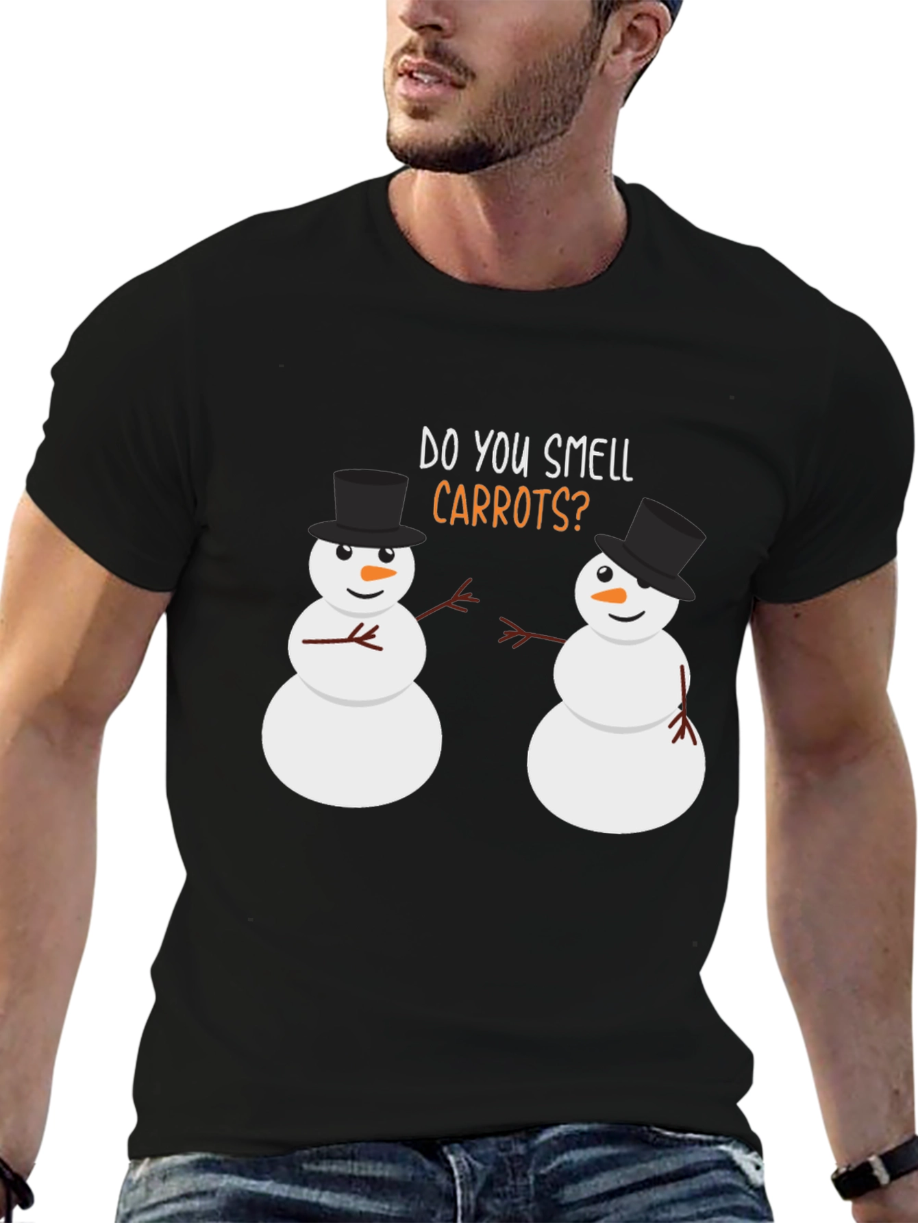 Black Funny Snowman T-Shirt - Do You Smell Carrots? view 6