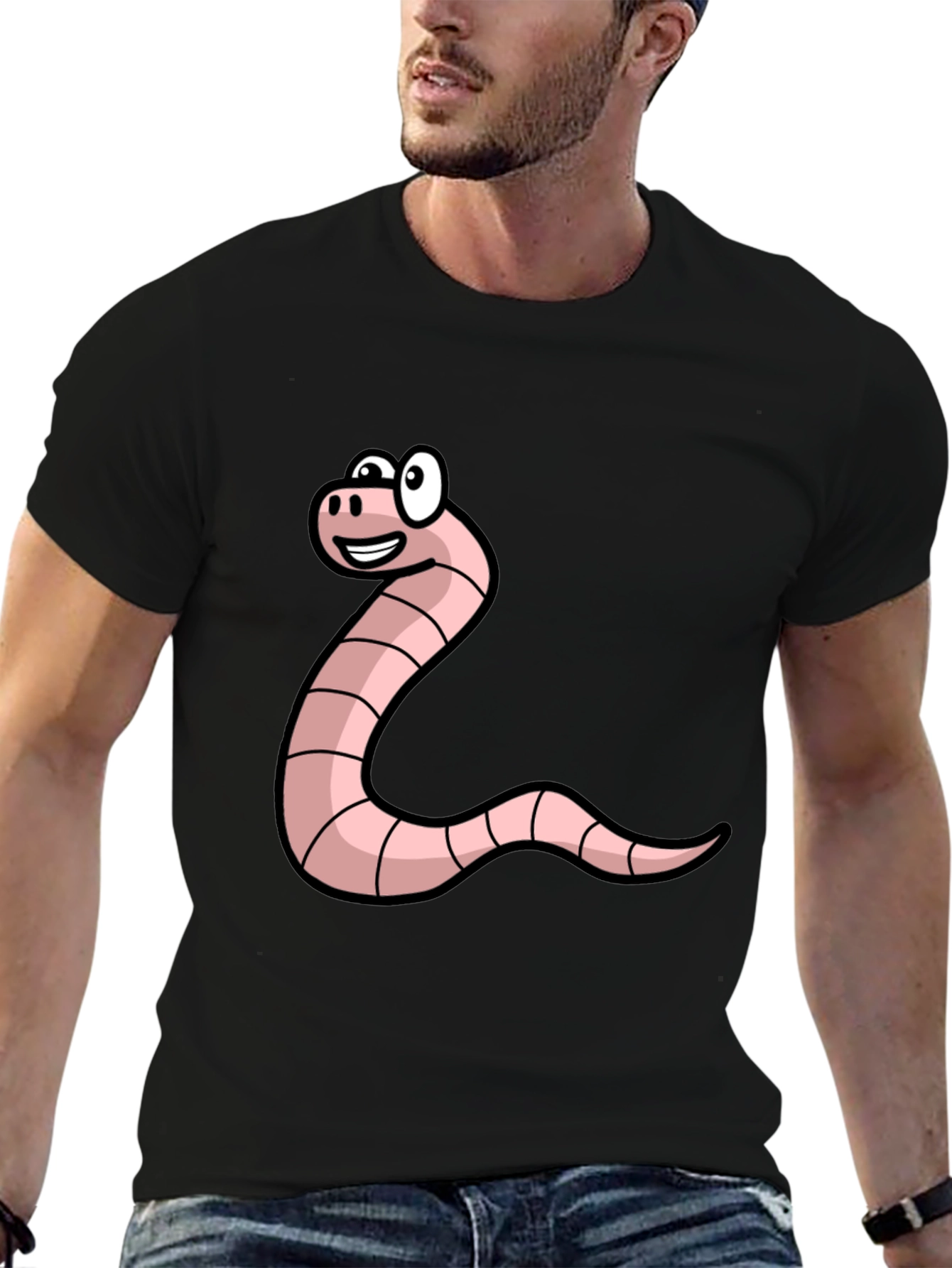 Black Funny Worm Cartoon Graphic Tee - Black Unisex T-Shirt view 6