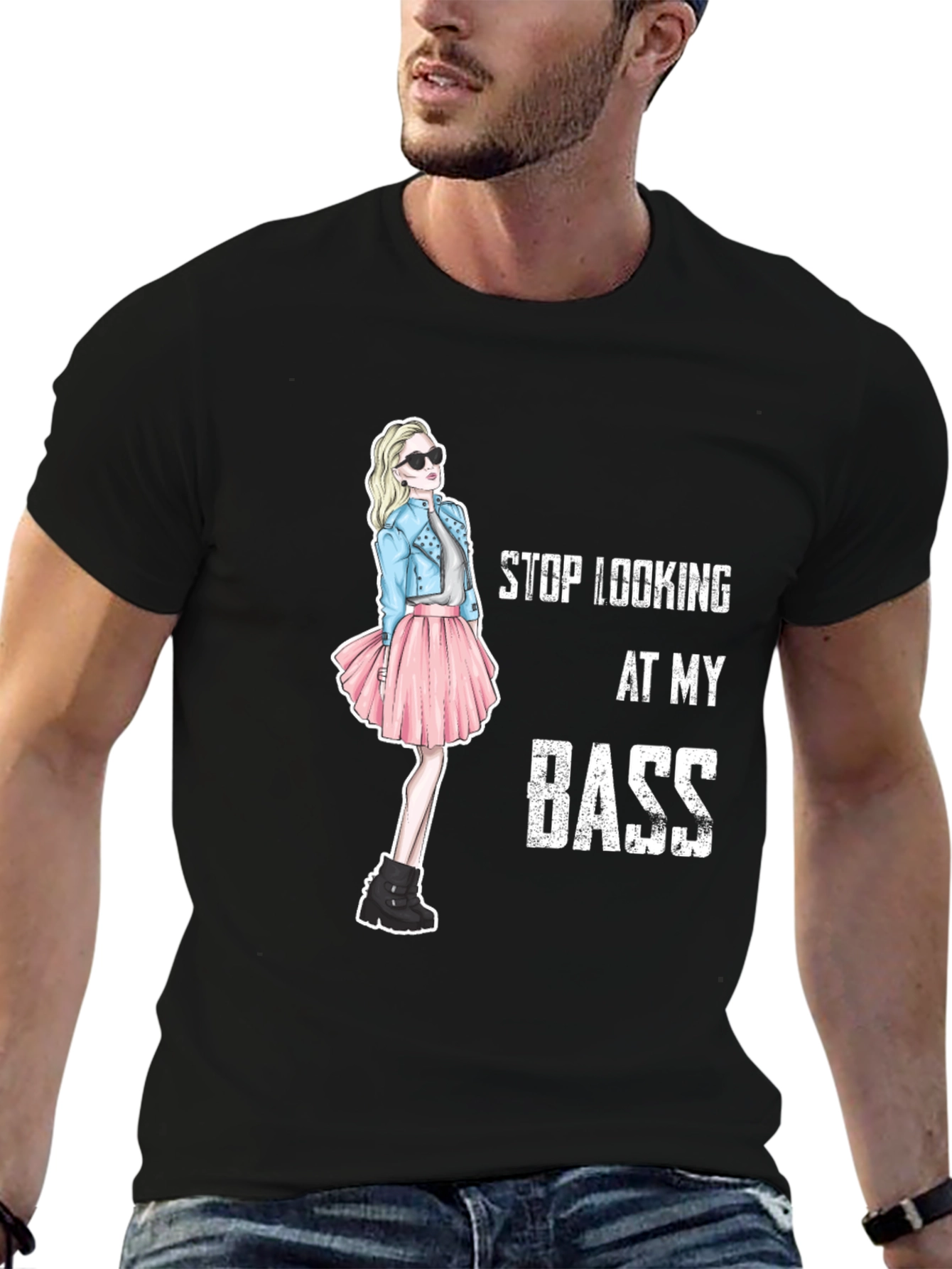 Black Stop Looking At My Bass Funny Graphic T-Shirt view 6