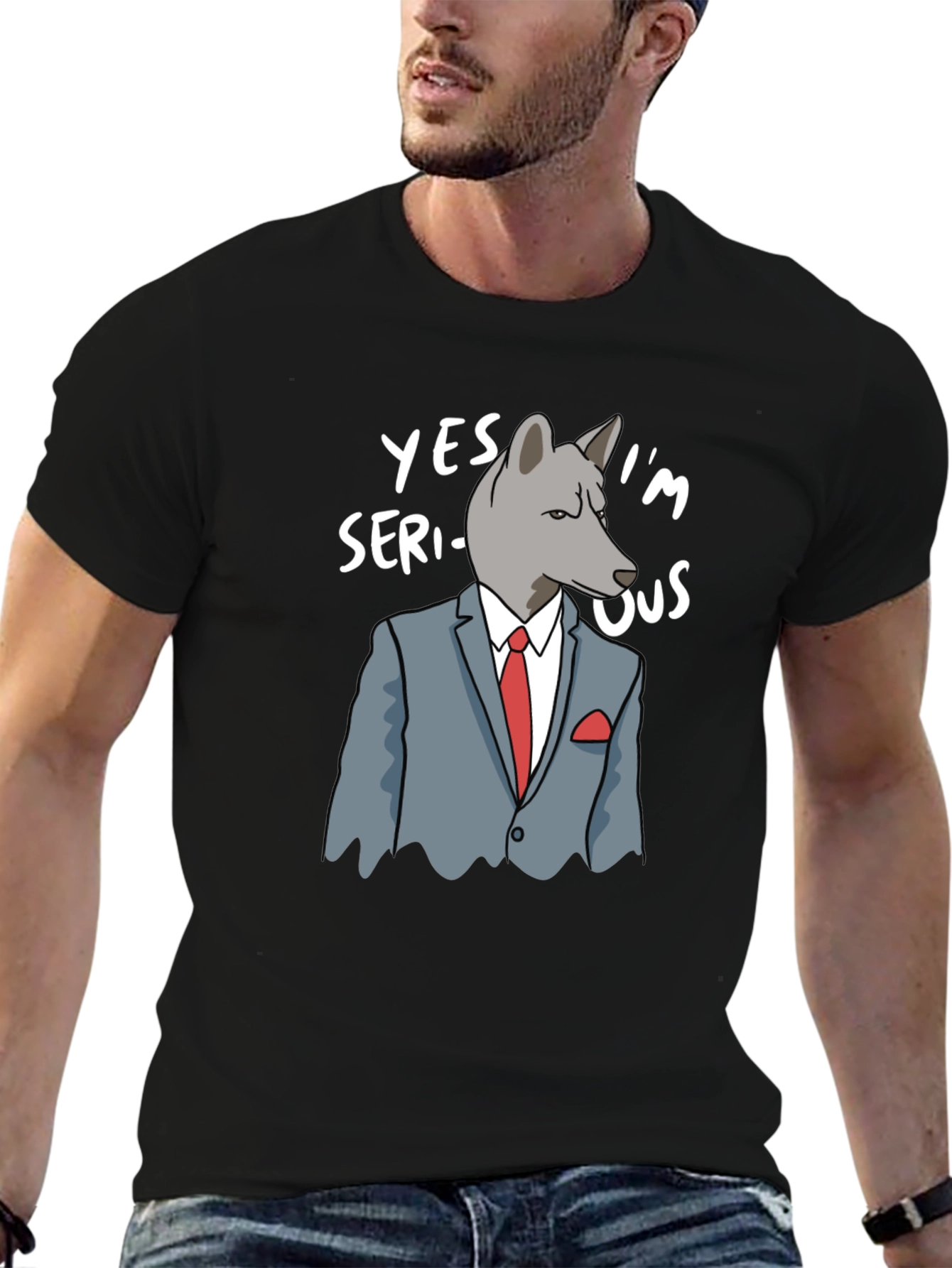 Black Serious Wolf Graphic T-Shirt - Funny Animal Tee view 6