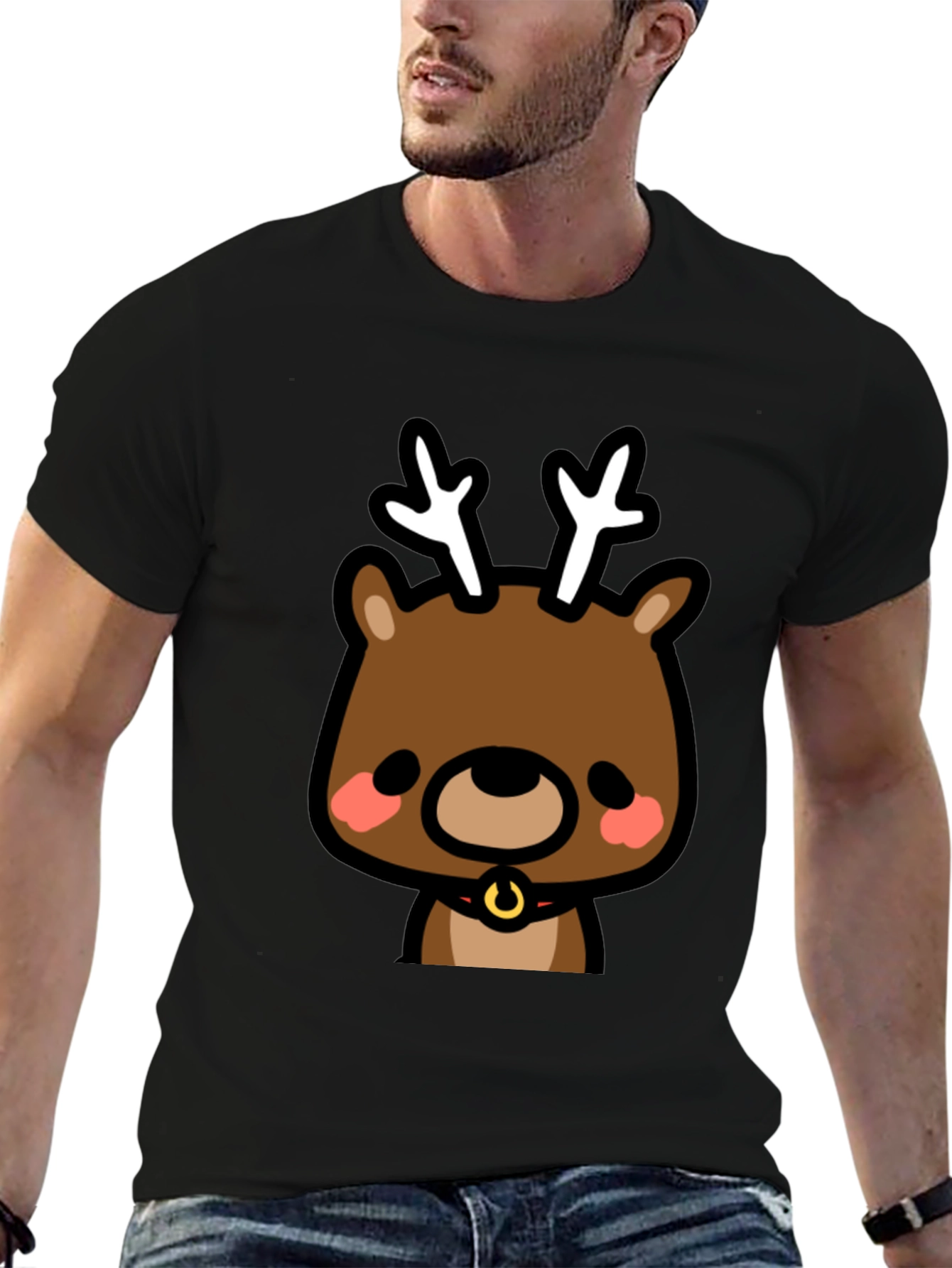 Black Cute Reindeer Graphic Black T-Shirt view 6