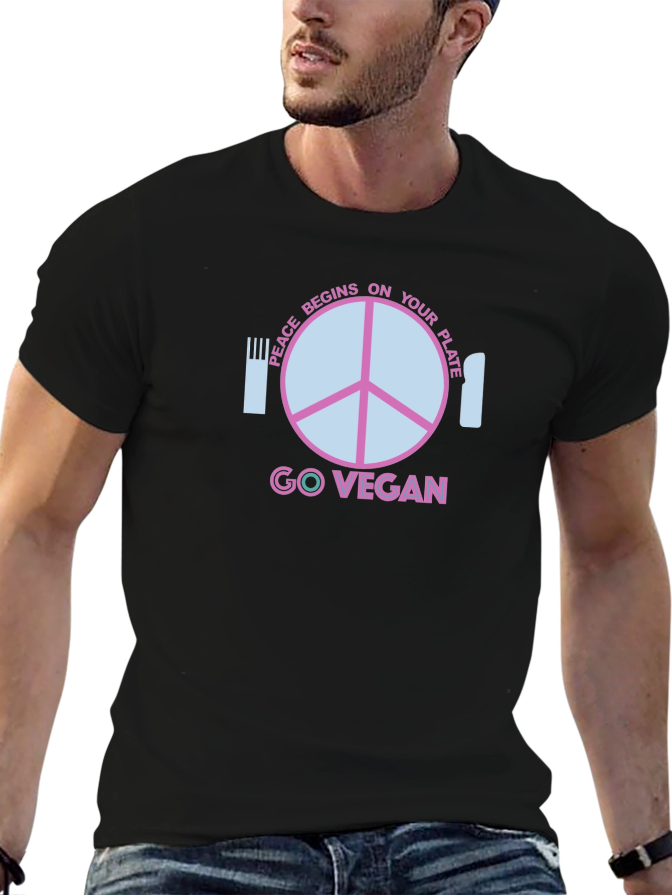Black Go Vegan T-Shirt - Peace Begins On Your Plate view 6