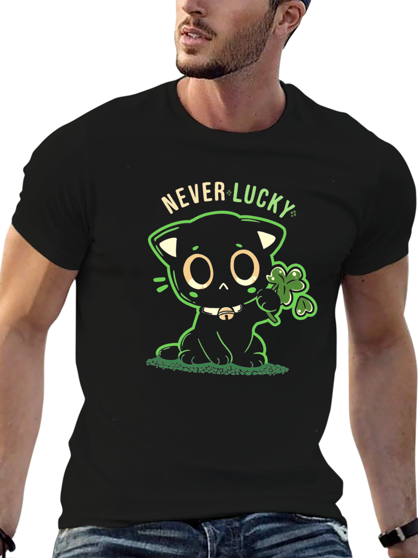 Black Never Lucky Black Cat St. Patrick's Day T-Shirt view 6