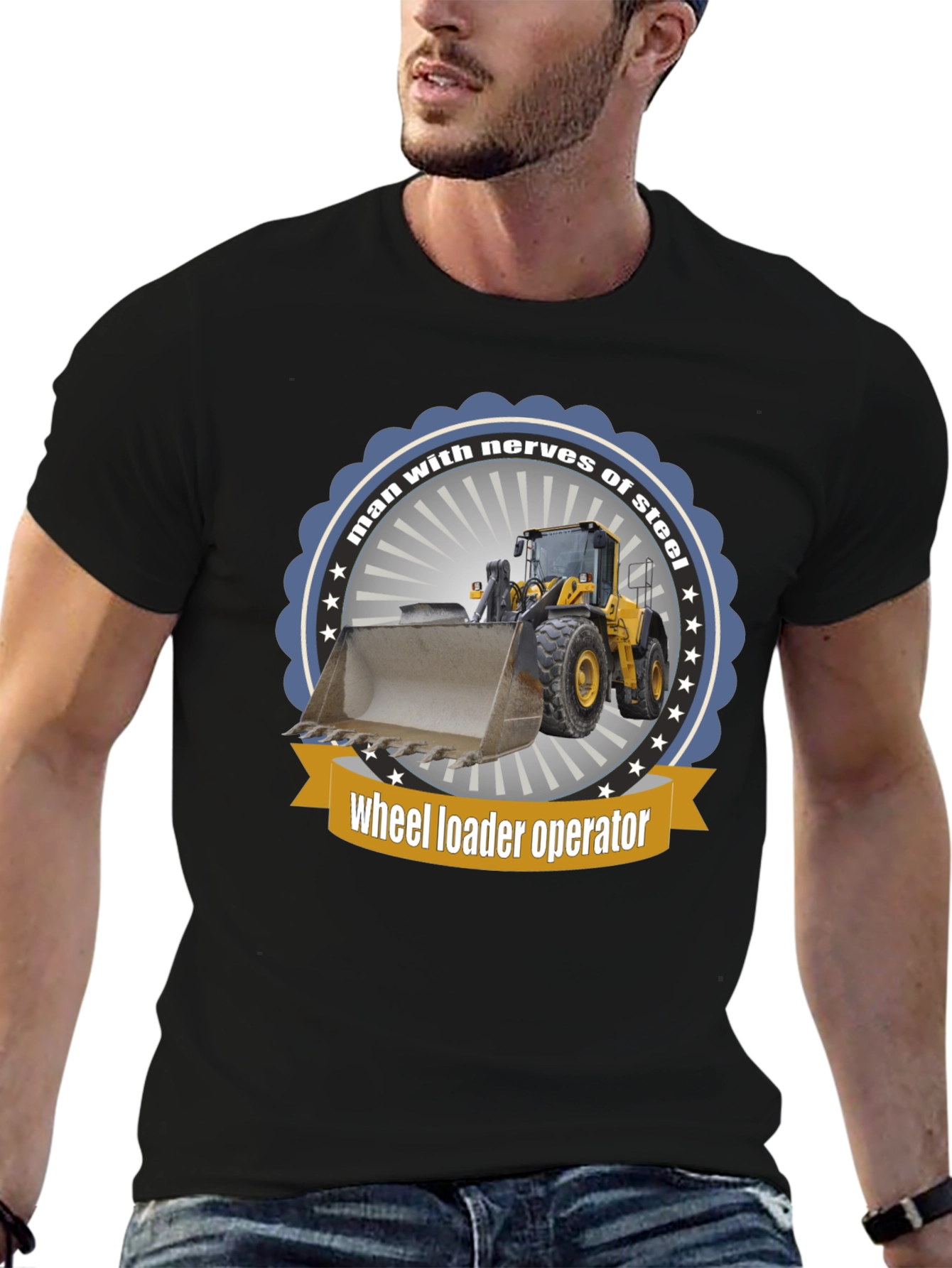 Black Wheel Loader Operator T-Shirt - Man with Nerves of Steel view 6