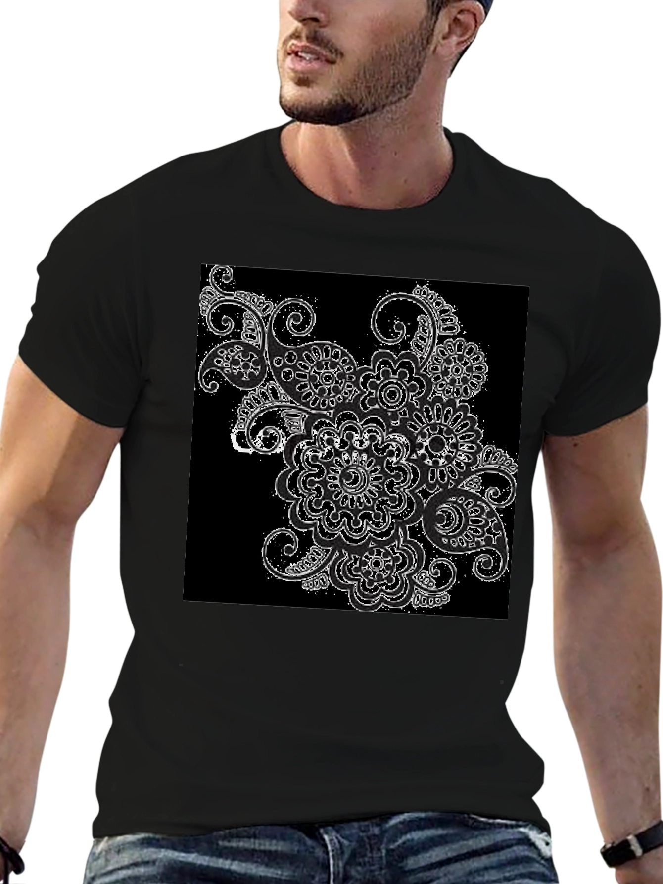 Black Black T-Shirt with Floral Paisley Design view 6