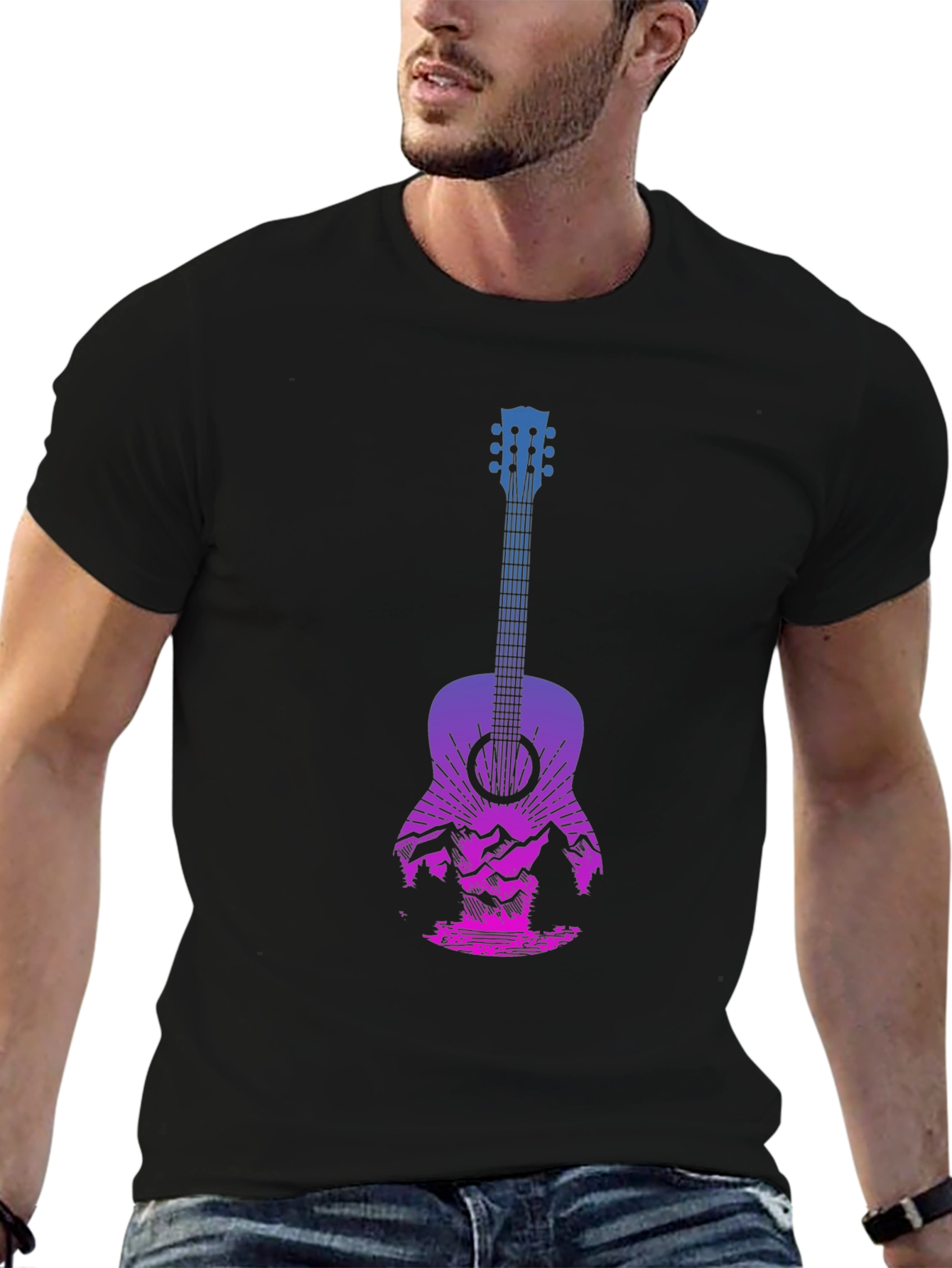 Black Guitar Landscape Graphic Tee - Mountain Sunset Design view 6