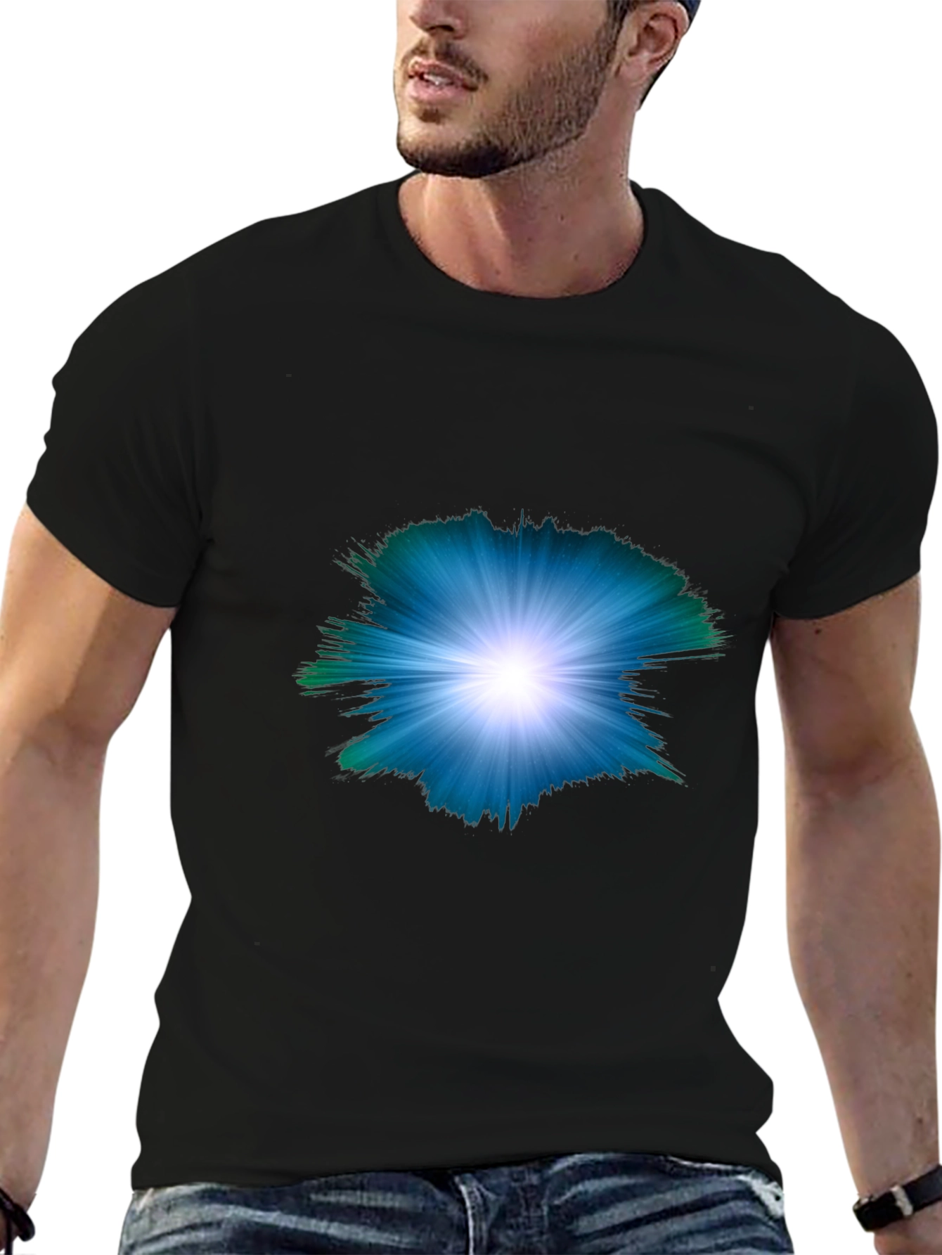 Black Men's Black T-shirt with Abstract Light Burst Design view 6