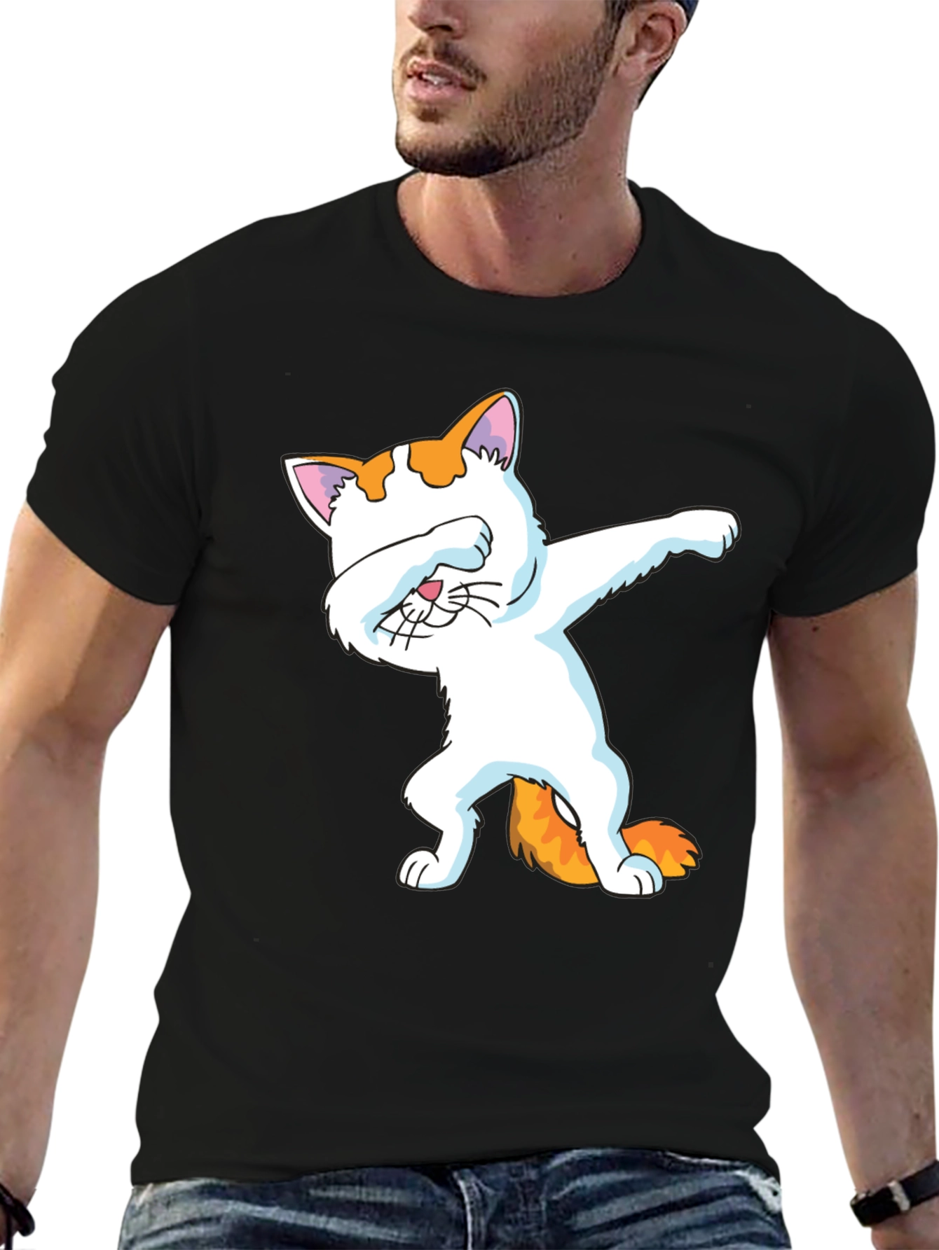 Black Dabbing Cat Graphic Tee - Black Cotton Shirt view 6