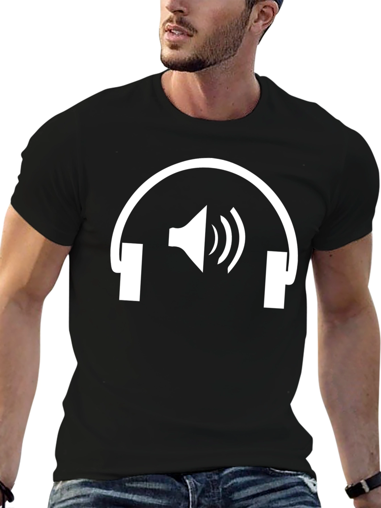 Black Headphones Speaker Graphic Tee - Black Cotton T-Shirt view 6
