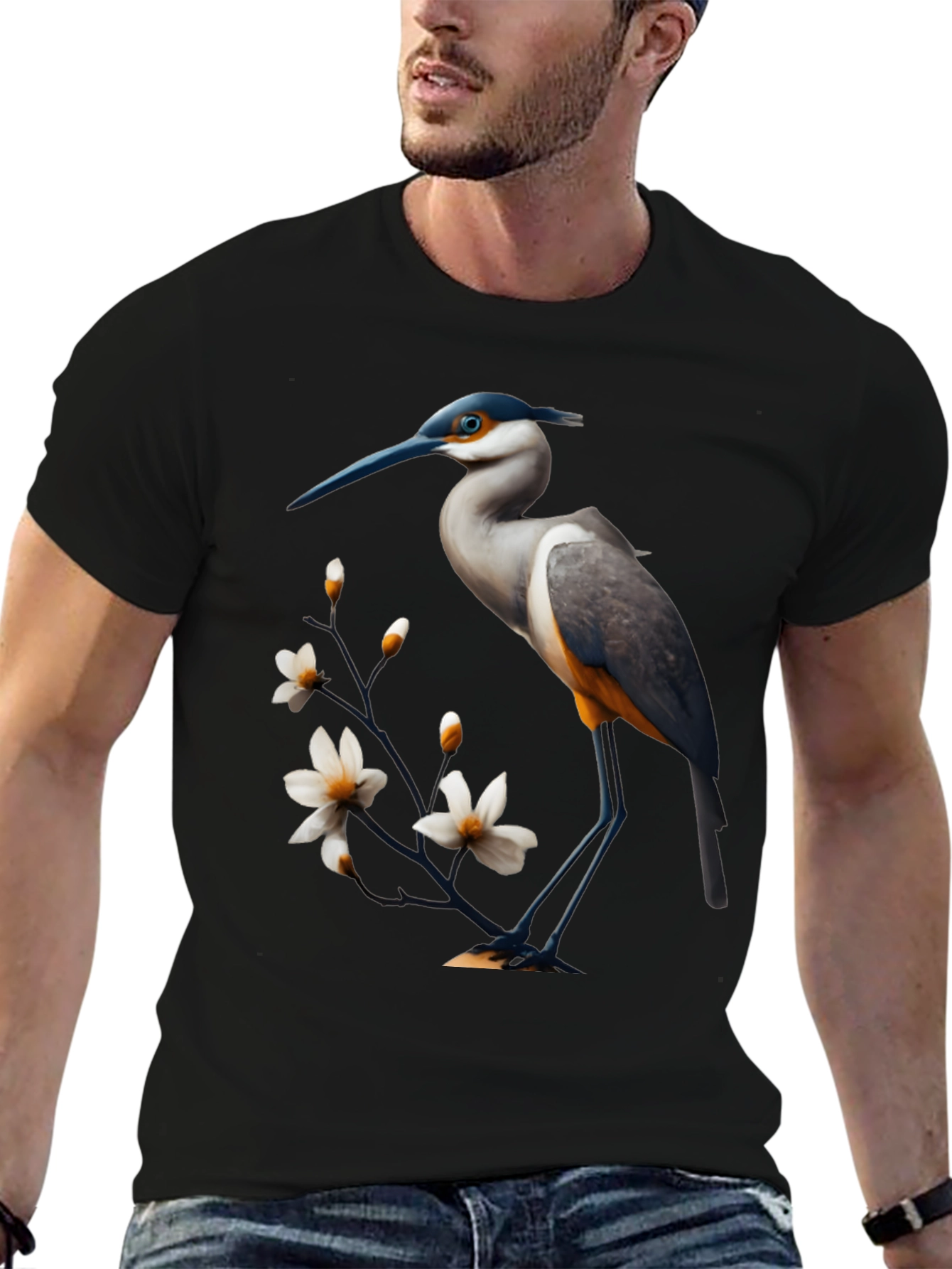 Black Heron & Blossom Graphic Tee - Stylish Bird Design view 6