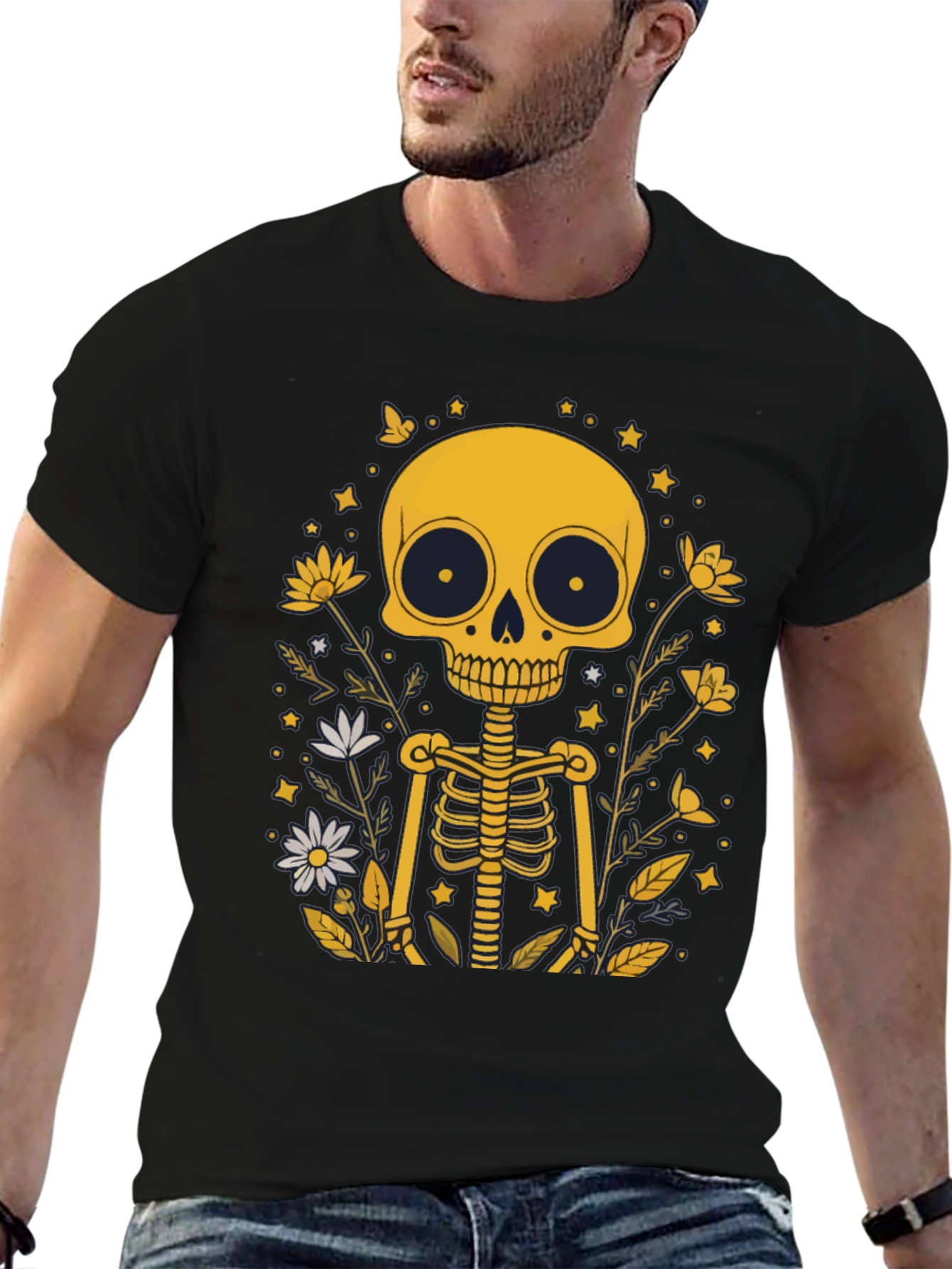Black Skeleton Floral Graphic Tee - Black Unisex T-Shirt view 6