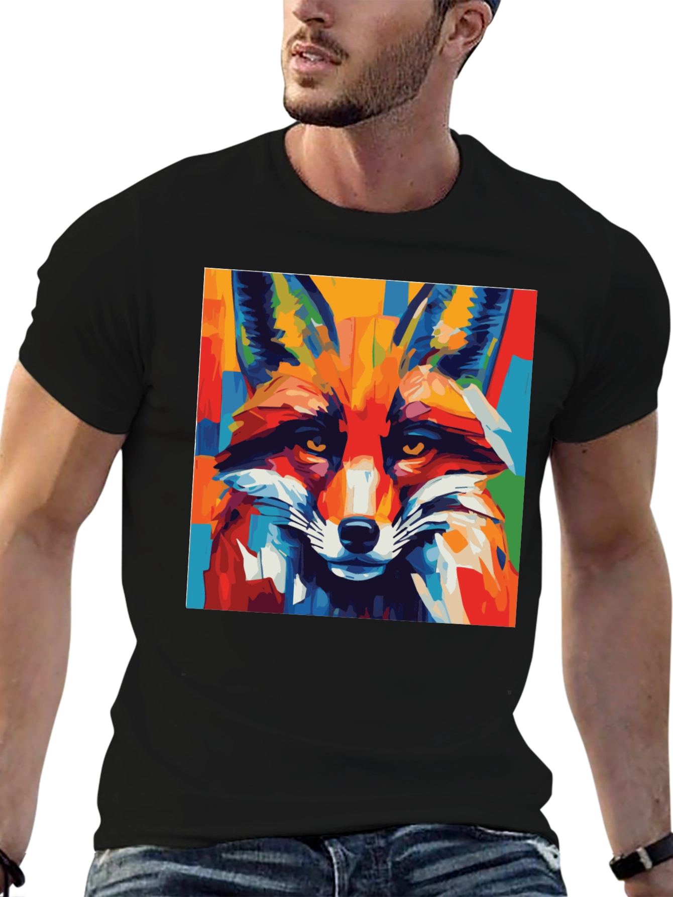 Black Abstract Fox Graphic Tee - Bold Animal Print Shirt view 6