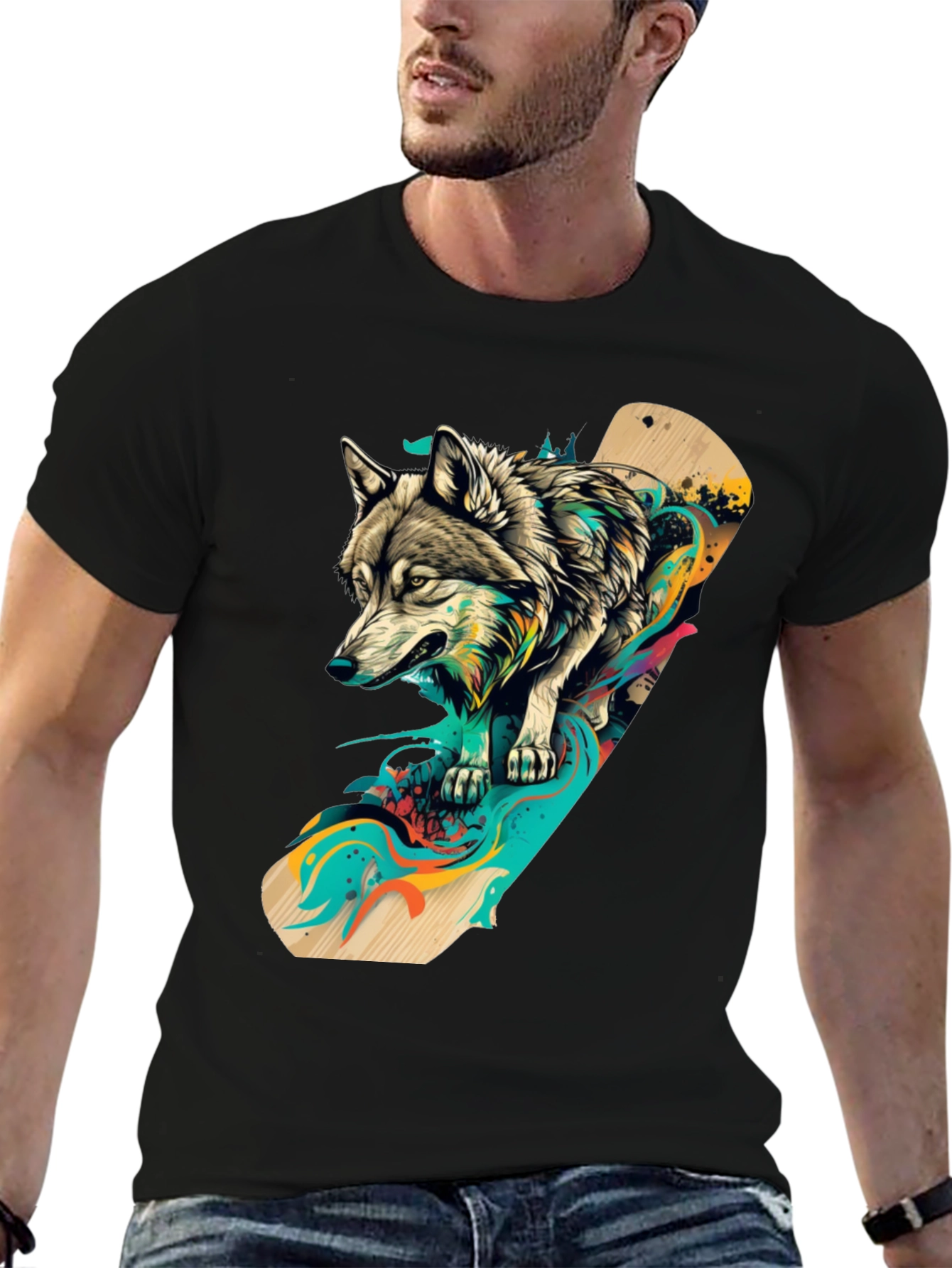 Black Wolf Skateboard Graphic Black T-Shirt view 6