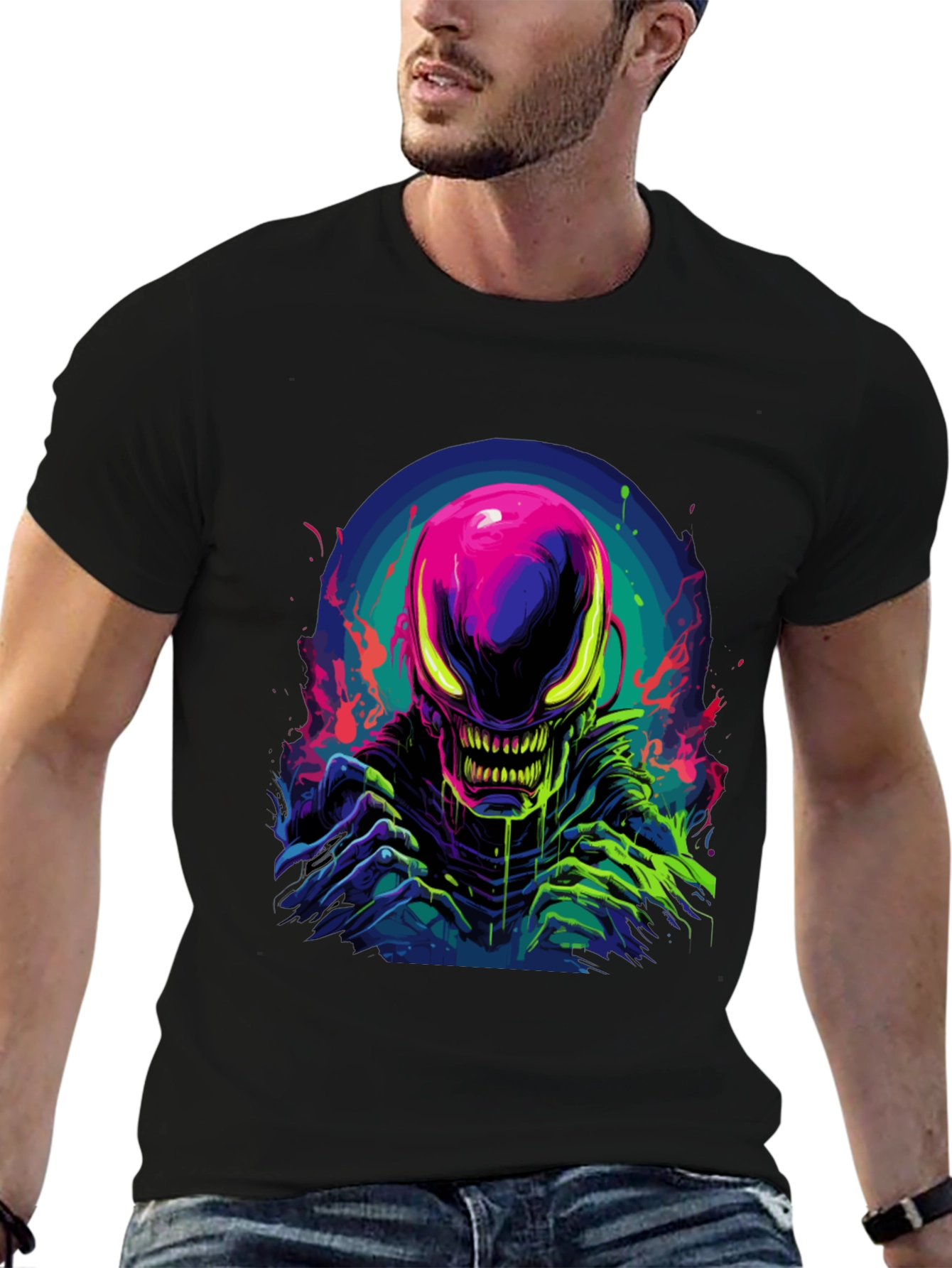 Black Neon Alien Graphic Black T-Shirt view 6
