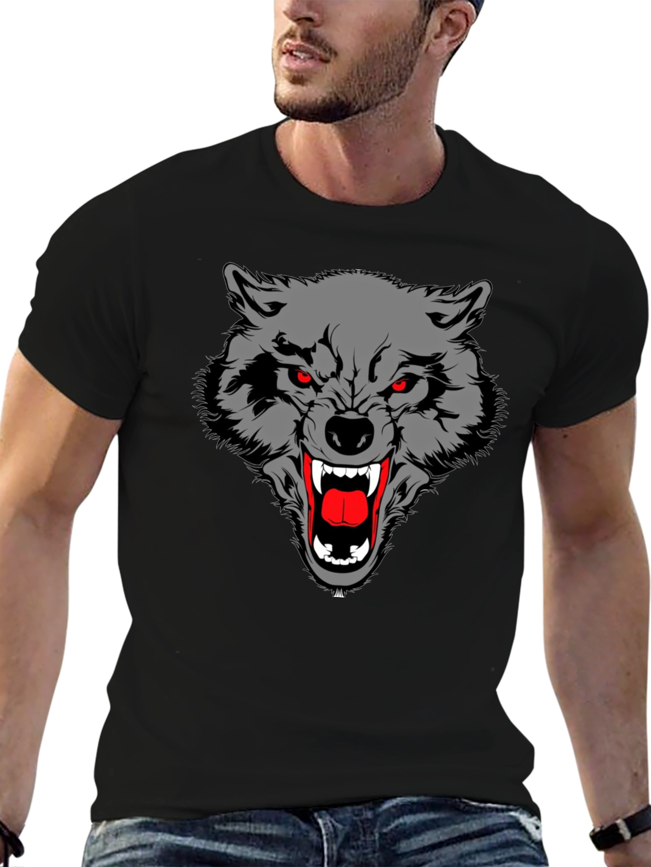 Black Black T-Shirt with Wolf Graphic view 6
