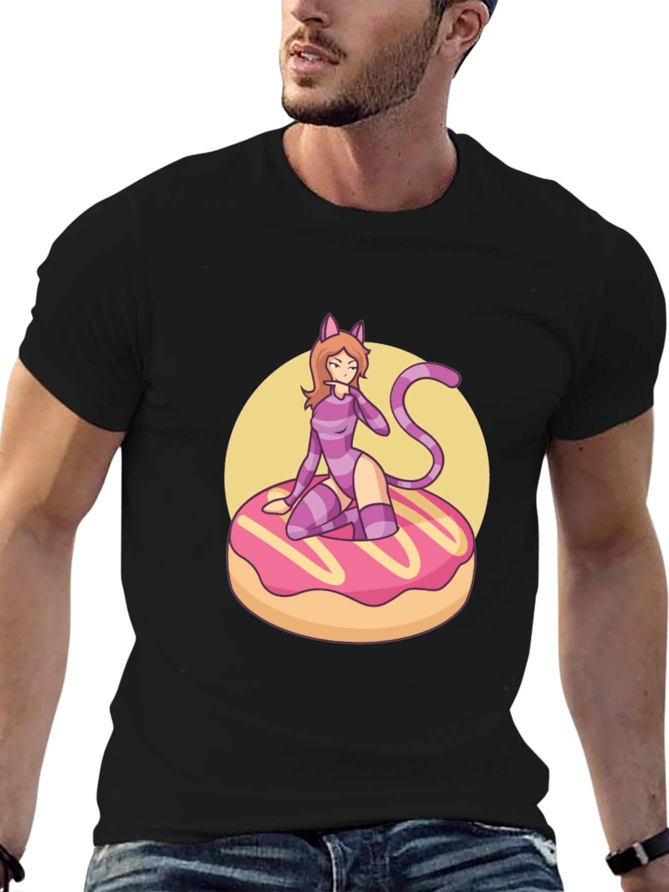 Black Black T-Shirt with Cat Girl on Donut Design view 6