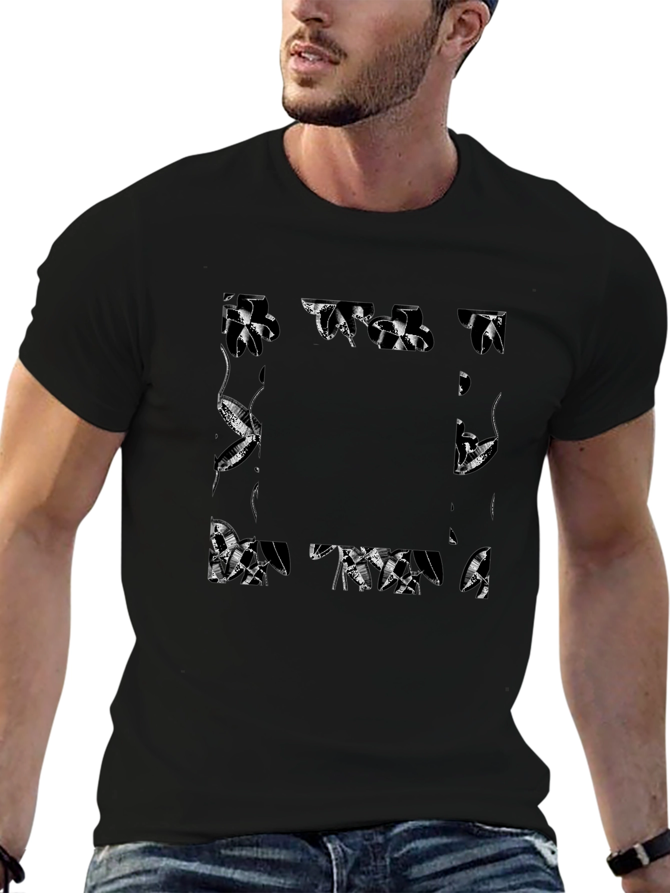 Black Abstract Geometric Print Black T-Shirt view 6
