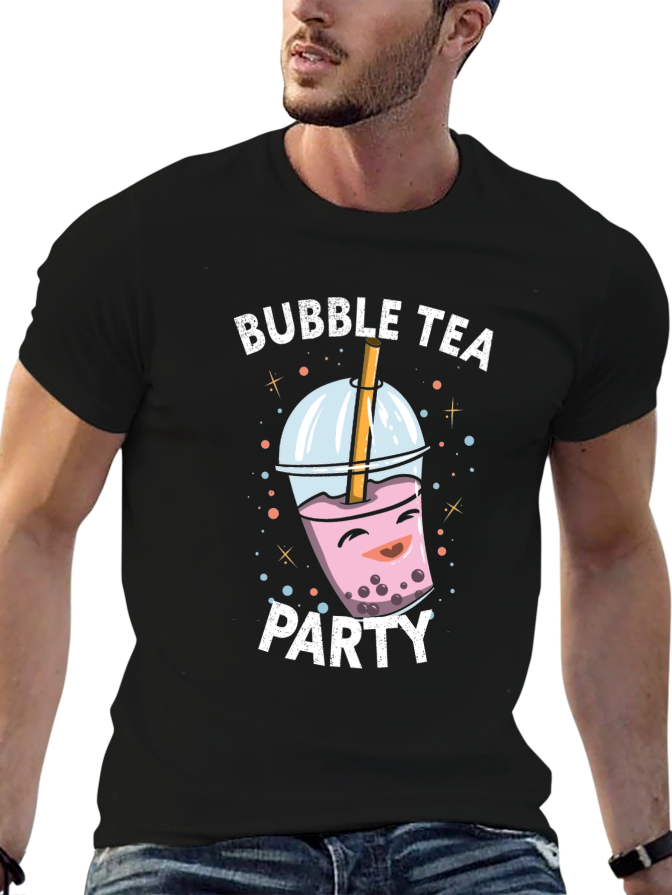 Black Bubble Tea Party Graphic Tee - Black Cotton T-Shirt view 6