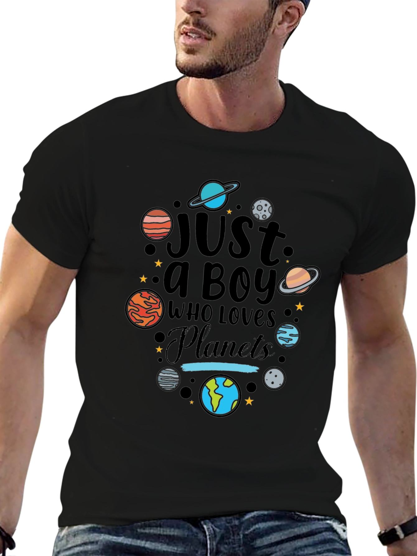 Black Just a Boy Who Loves Planets Graphic T-Shirt view 6