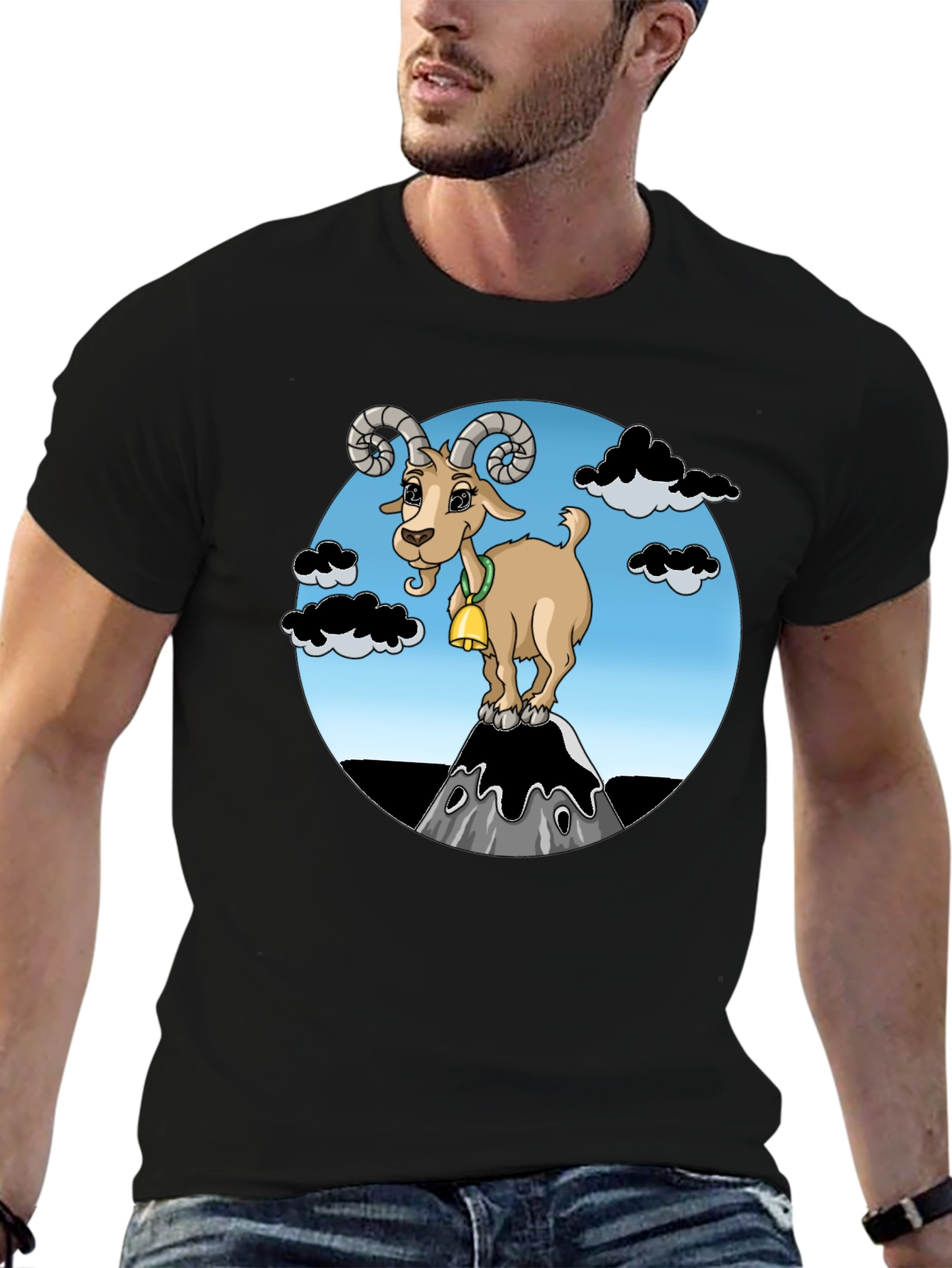 Black Cartoon Goat on Mountain Graphic T-Shirt view 6