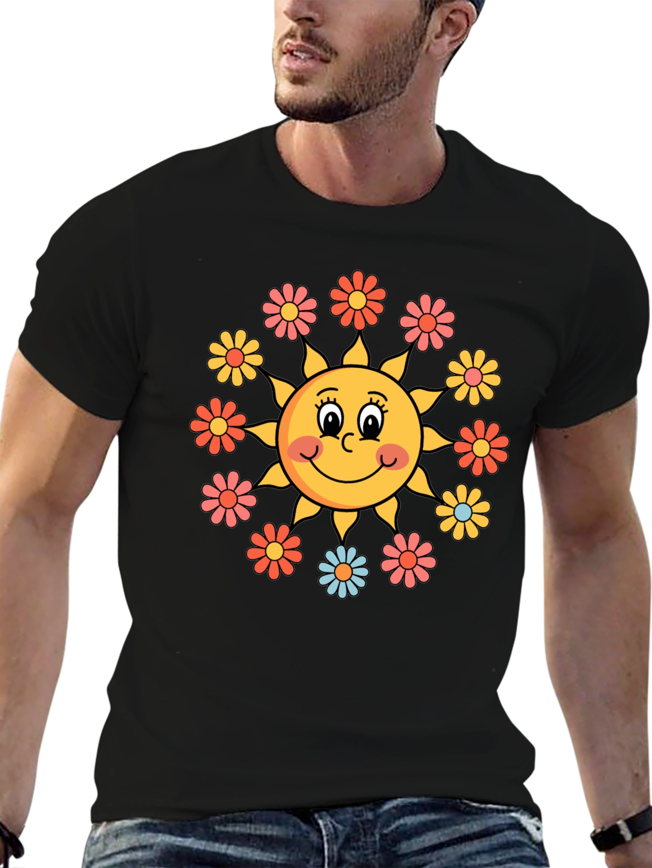 Black Retro Sun & Floral Graphic Tee - Groovy Vibes view 6