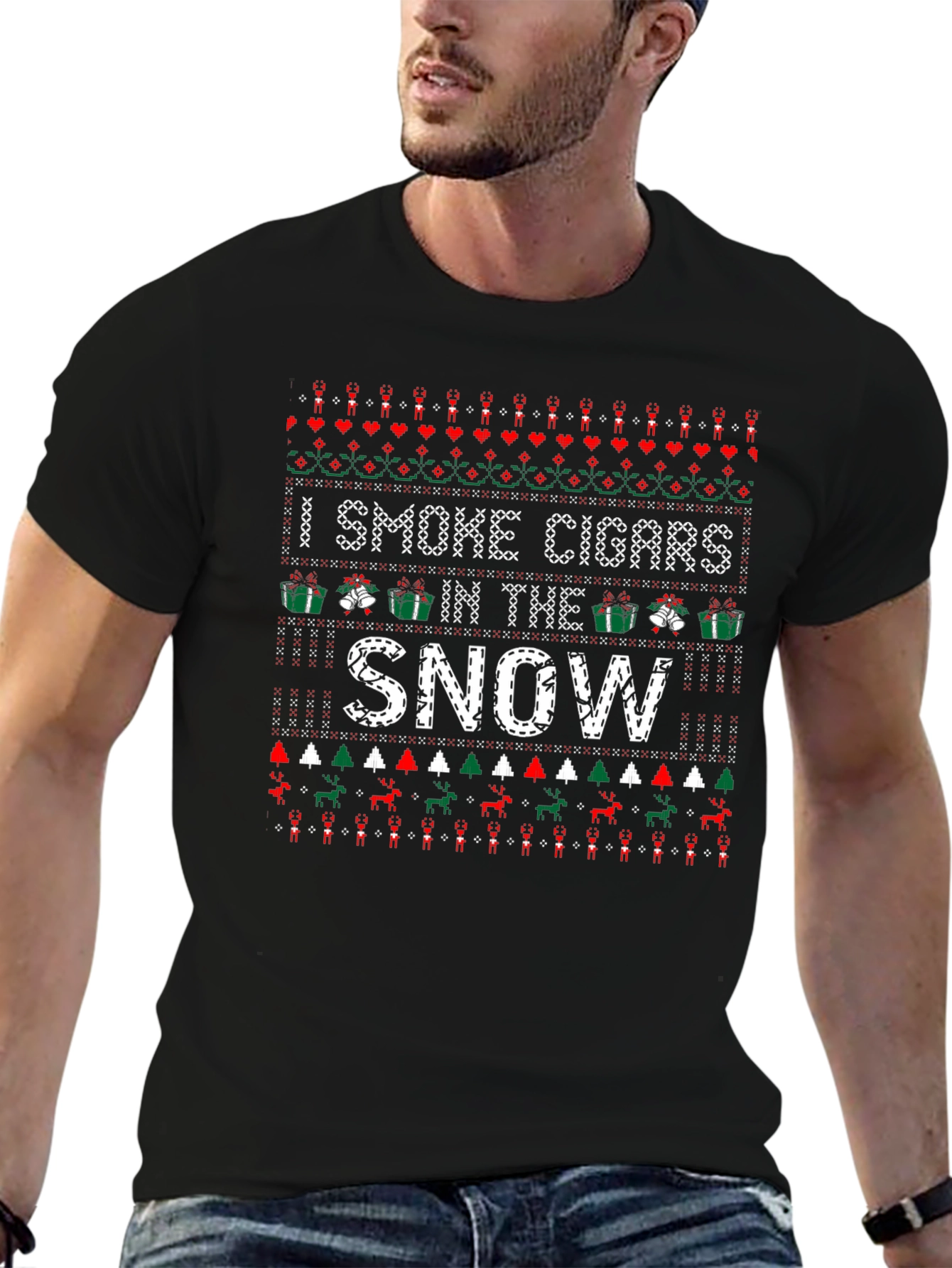Black Funny Ugly Christmas Cigar Smoker T-Shirt view 6