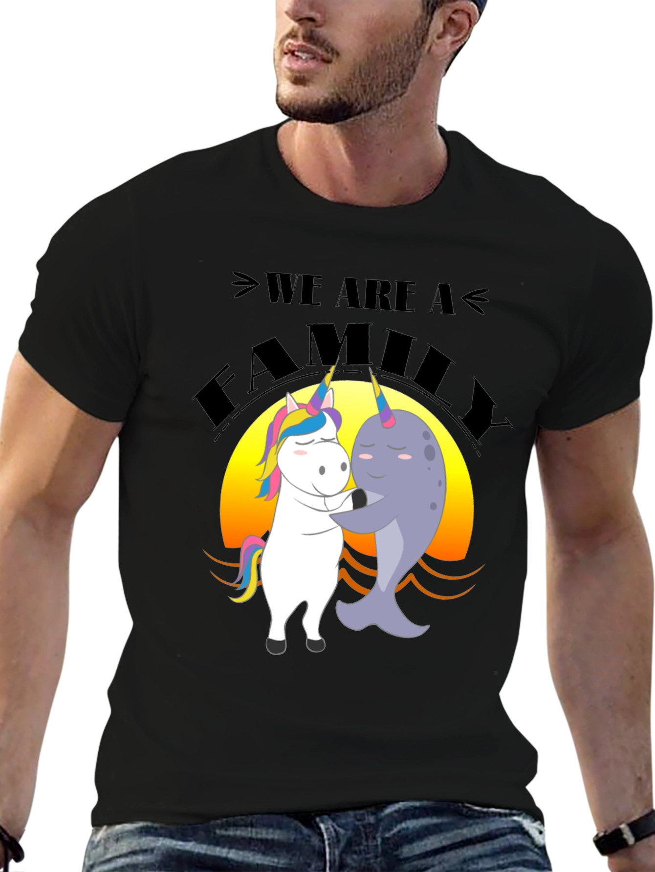 Black Unicorn and Narwhal Family T-Shirt view 6