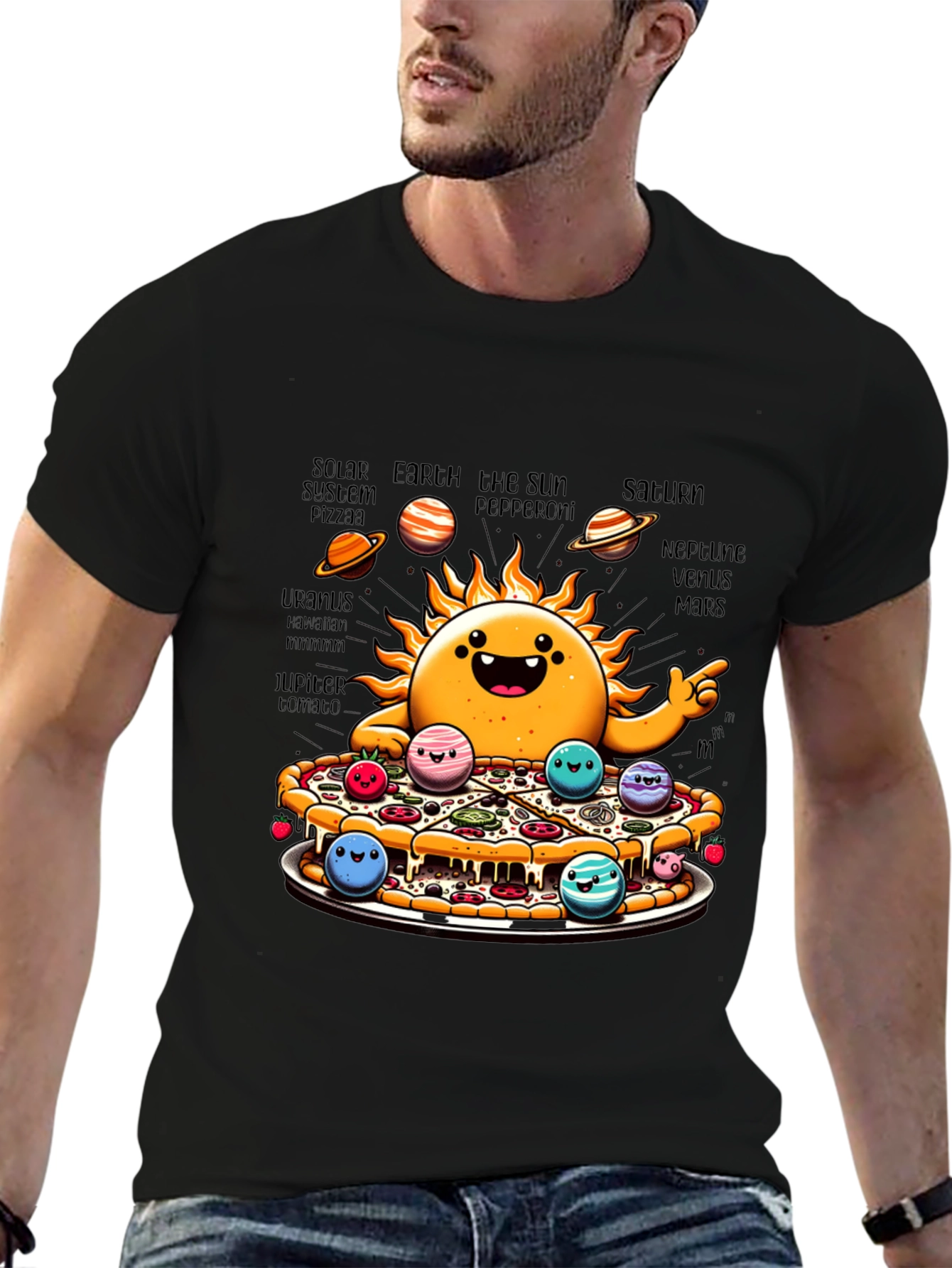 Black Solar System Pizza Funny Graphic Tee view 6