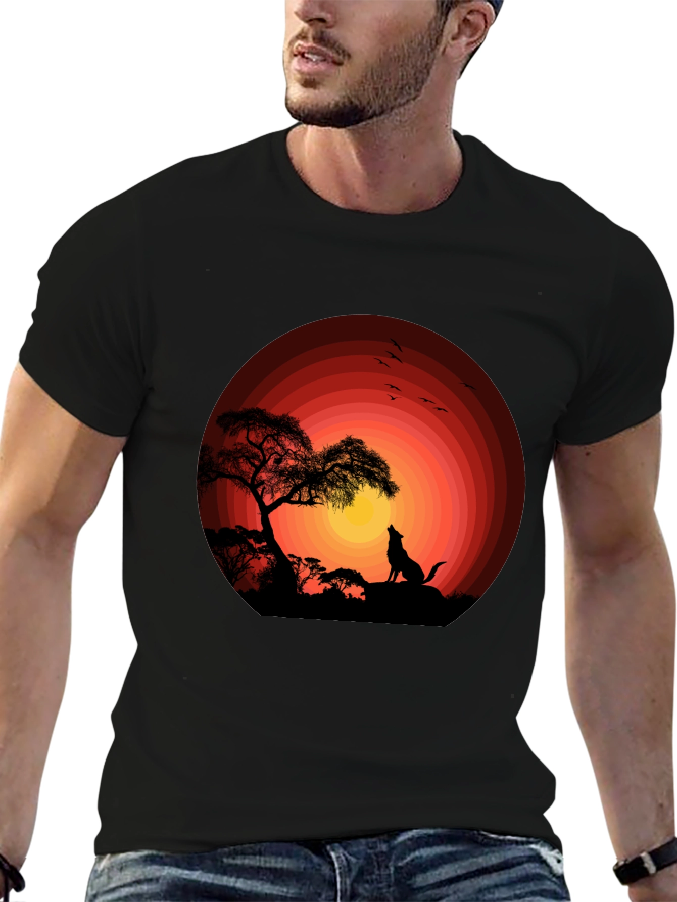 Black Wolf Sunset Graphic Tee - Black Cotton T-Shirt view 6